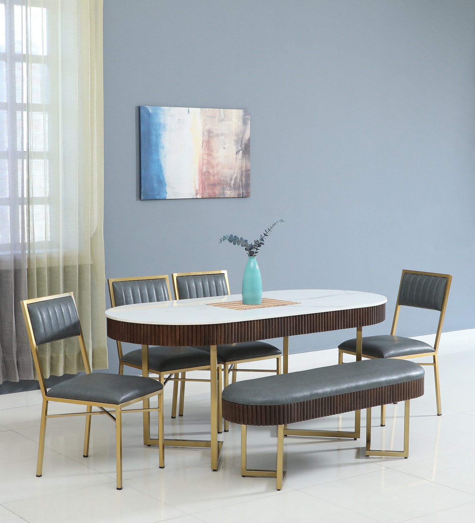 Kaffka Metal 6 Seater Dining Set In Brass Electroplating Finish With White Porcelain Top
