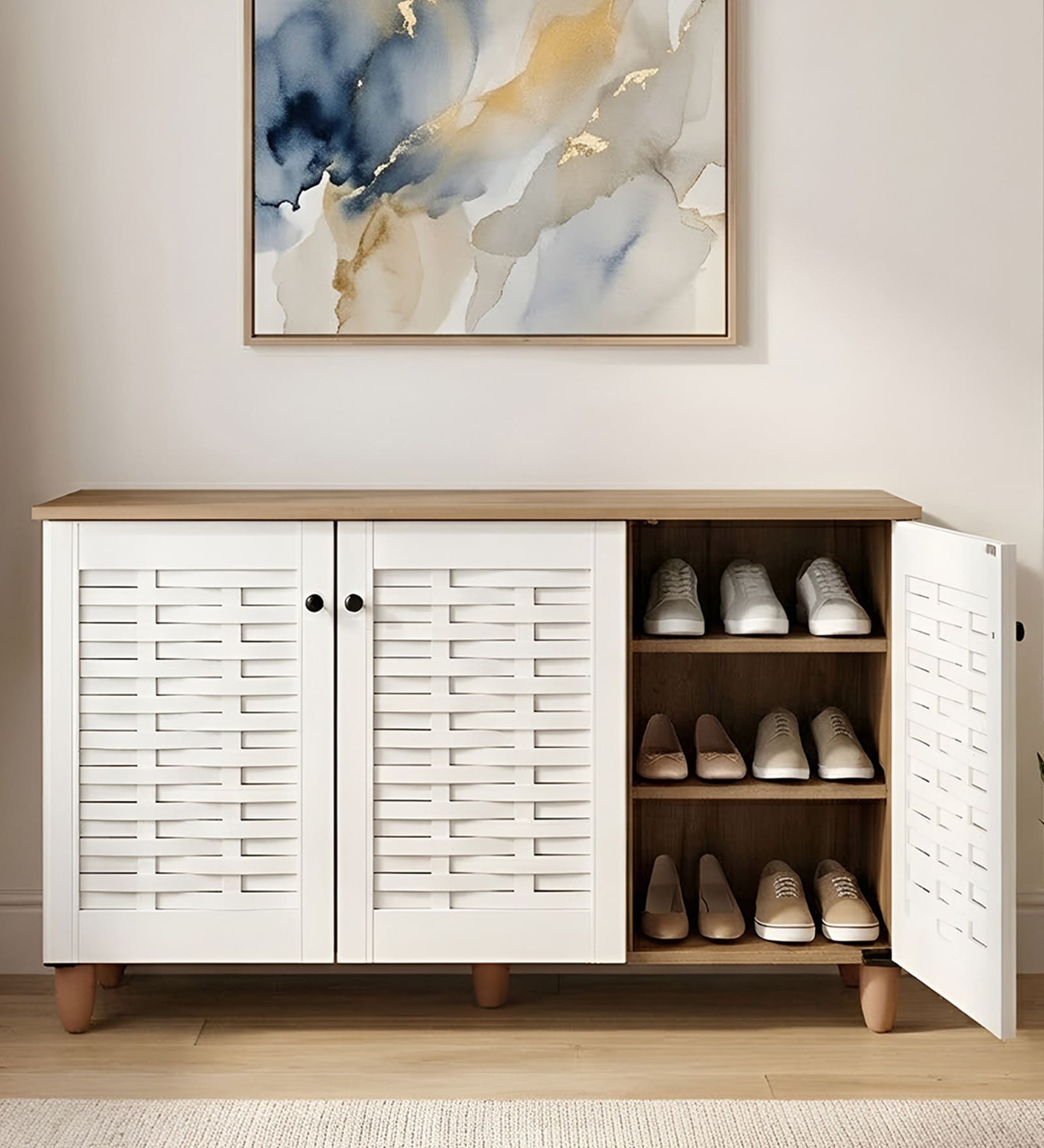 Kaira 3 Door Shoe Rack In Oak And White Finish