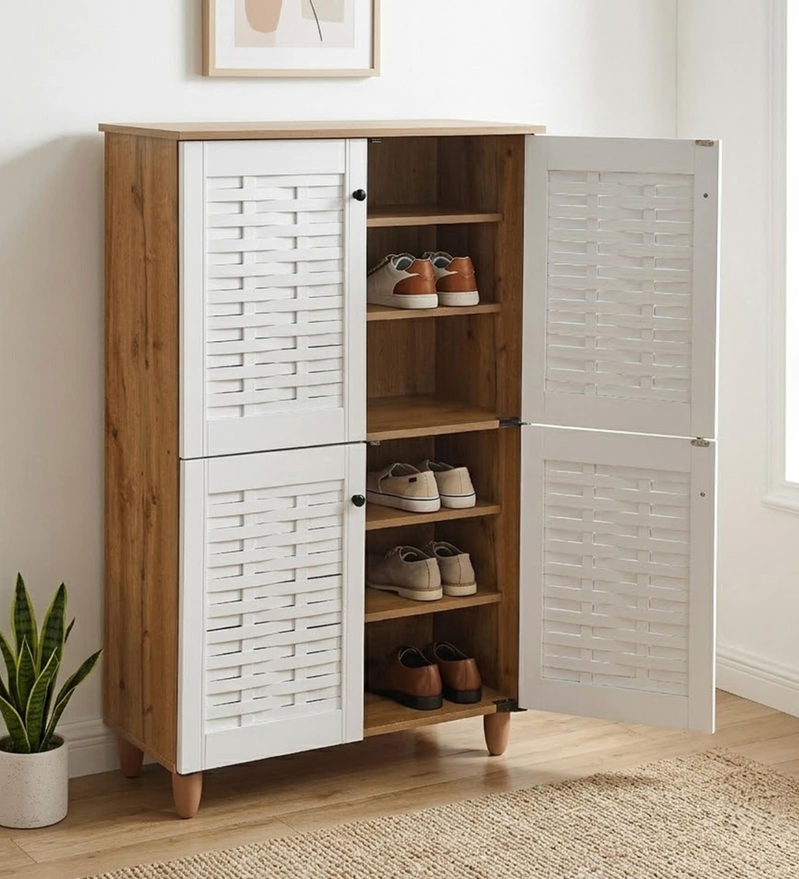 Kaira 4 Door Shoe Rack In Oak And White Finish