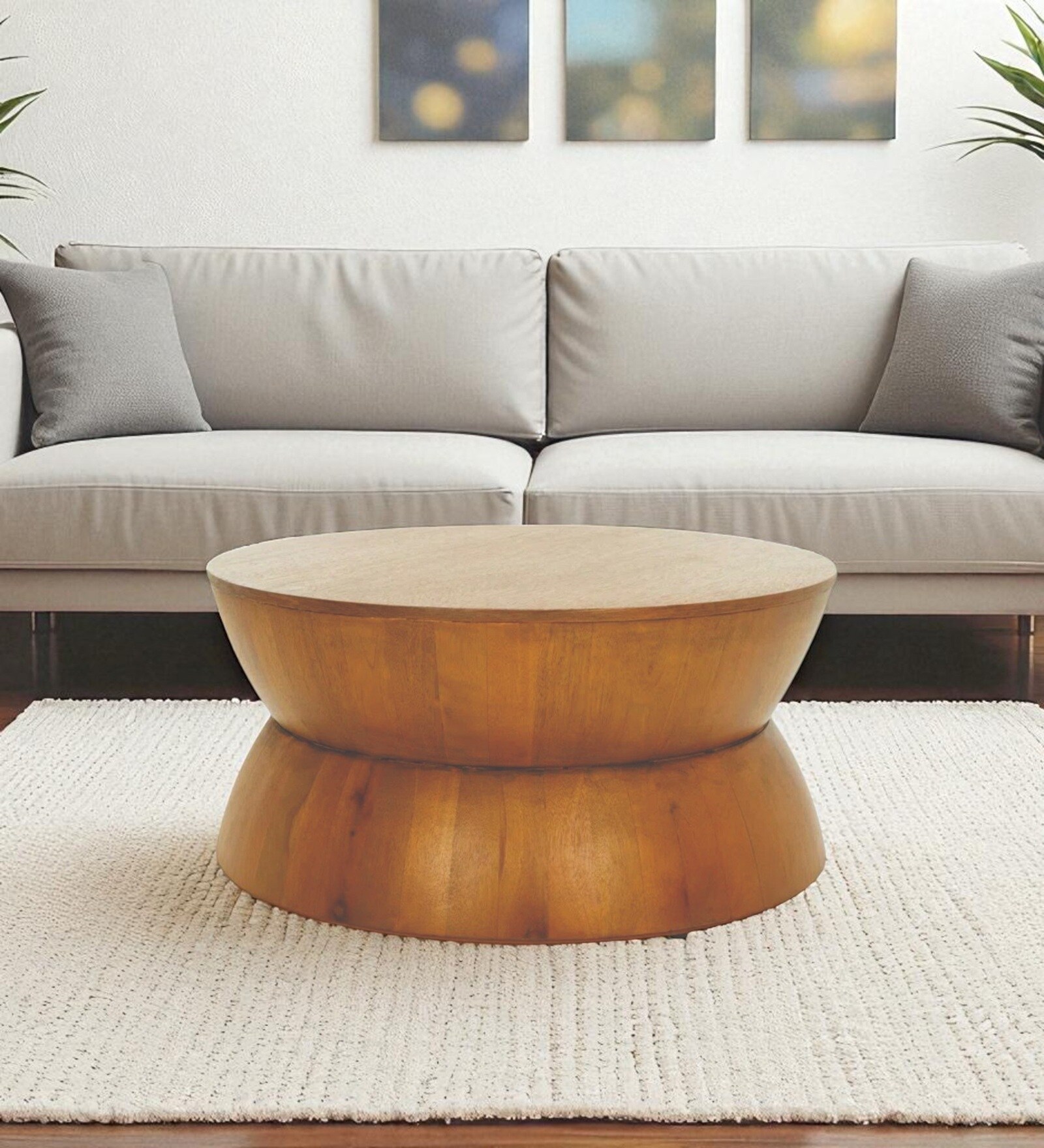 Kairo Solid Wood Drum Shaped Coffee Table In Natural Oak Finish