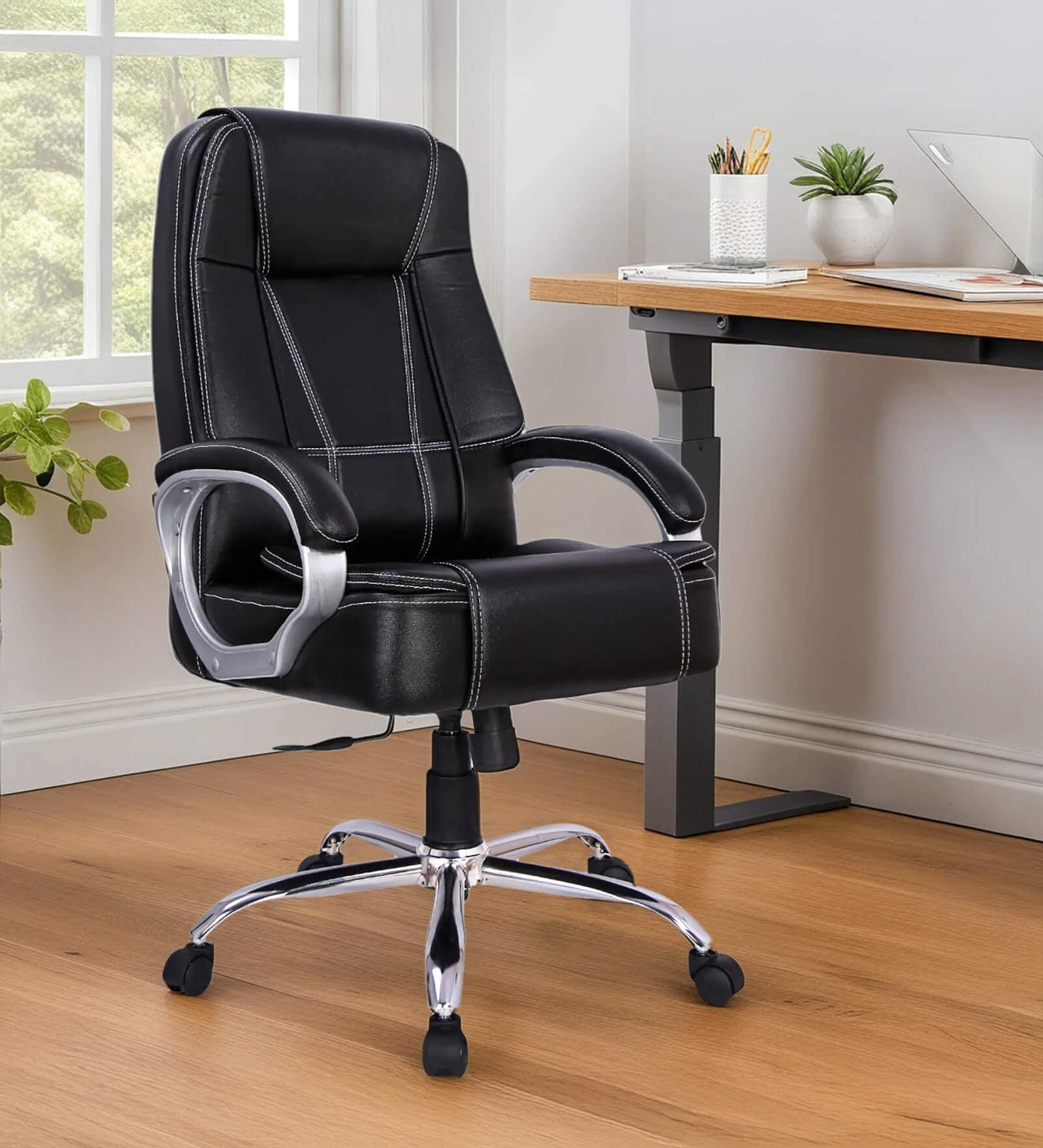 Kairy High Back Leatherette Executive Chair in Black Colour with Adjustable Height and Padded Armrest