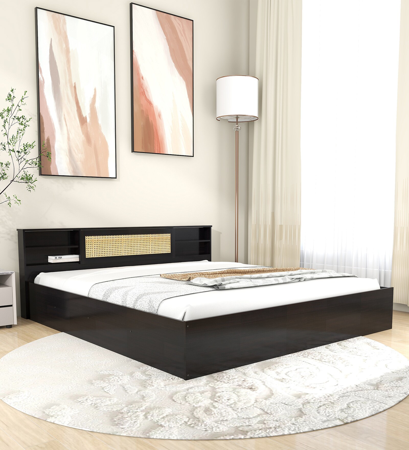 Kaito Queen Size Bed with Box Storage & Headboard Storage in Wenge Finish