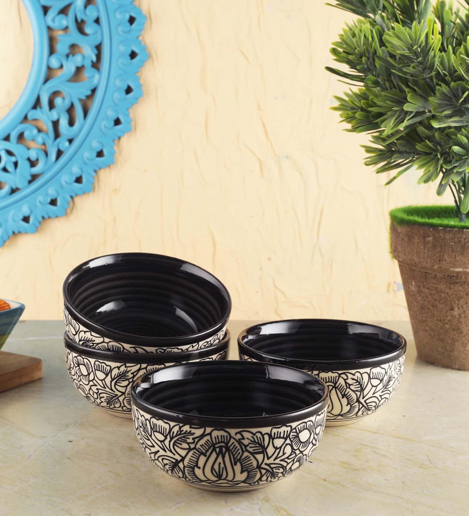 KalamKari 250ml Multicolour Ceramic (Set of 4) Dinner Bowl