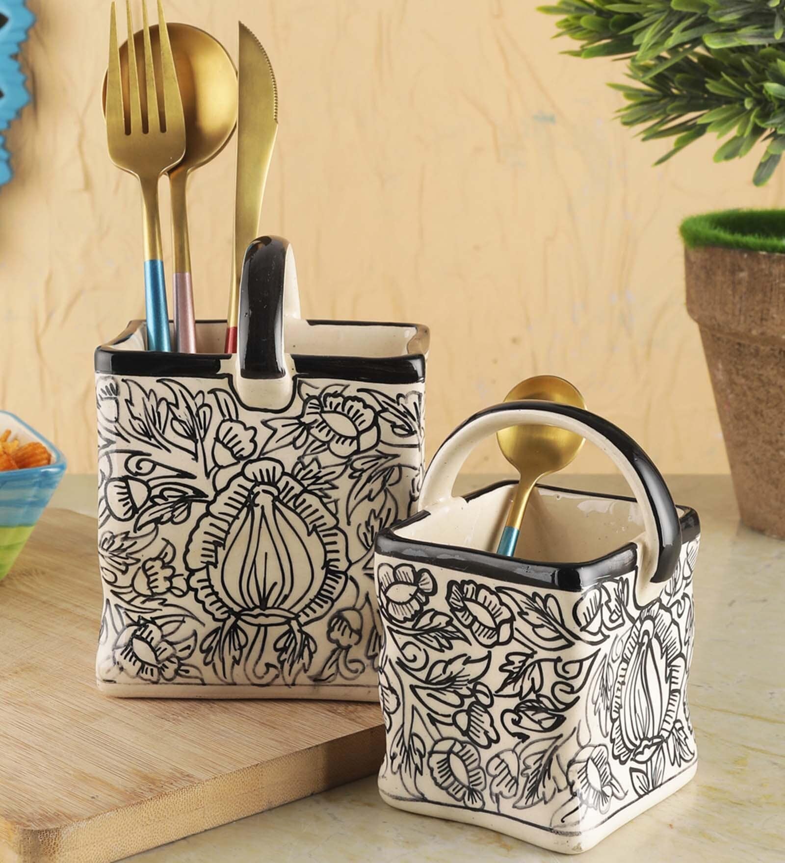 Buy Kalamkari Black & White (Set of 2) Ceramic Cutlery Holder by