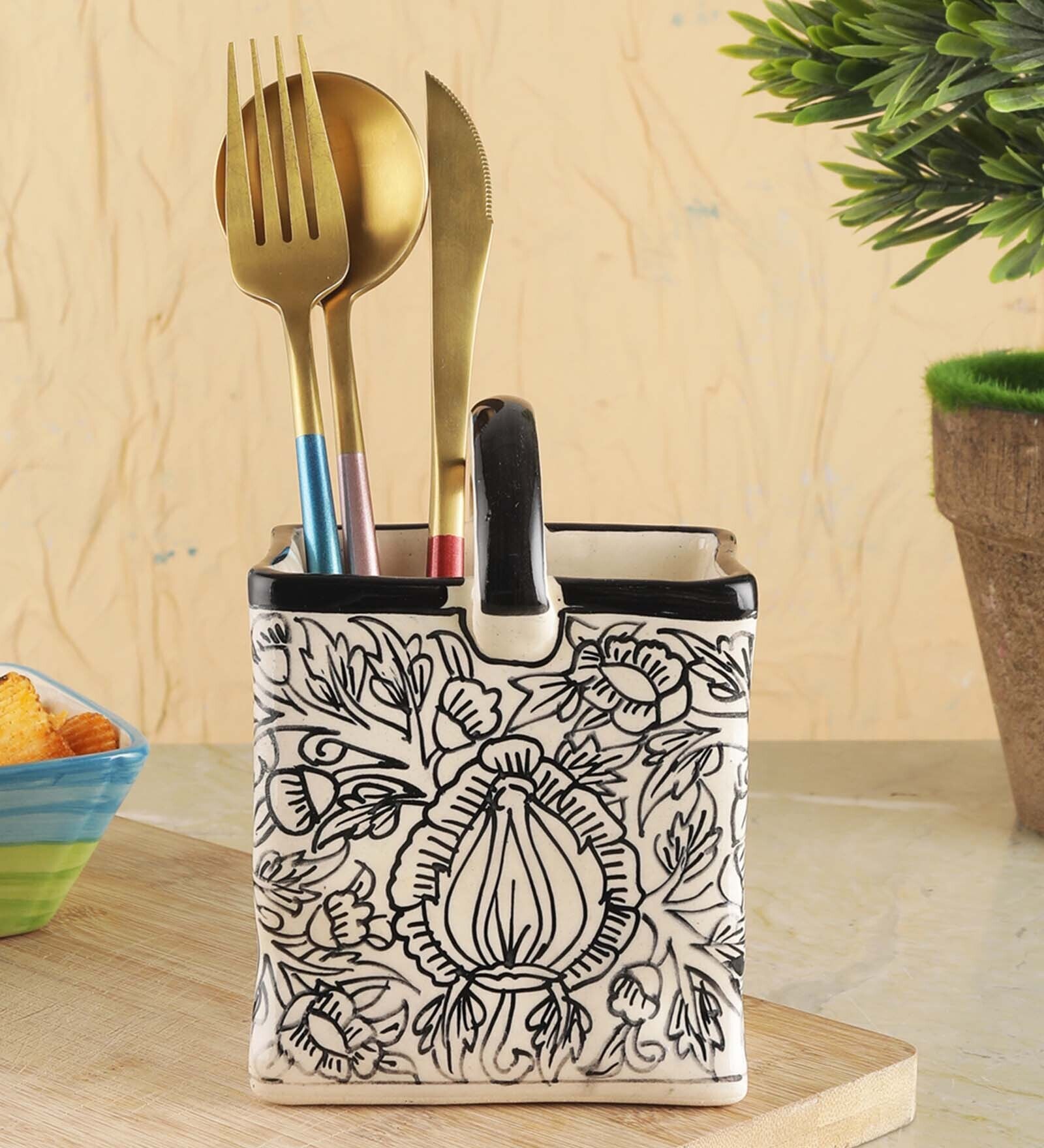 Buy Kalamkari Black & White Ceramic Cutlery Basket Holder by VarEesha