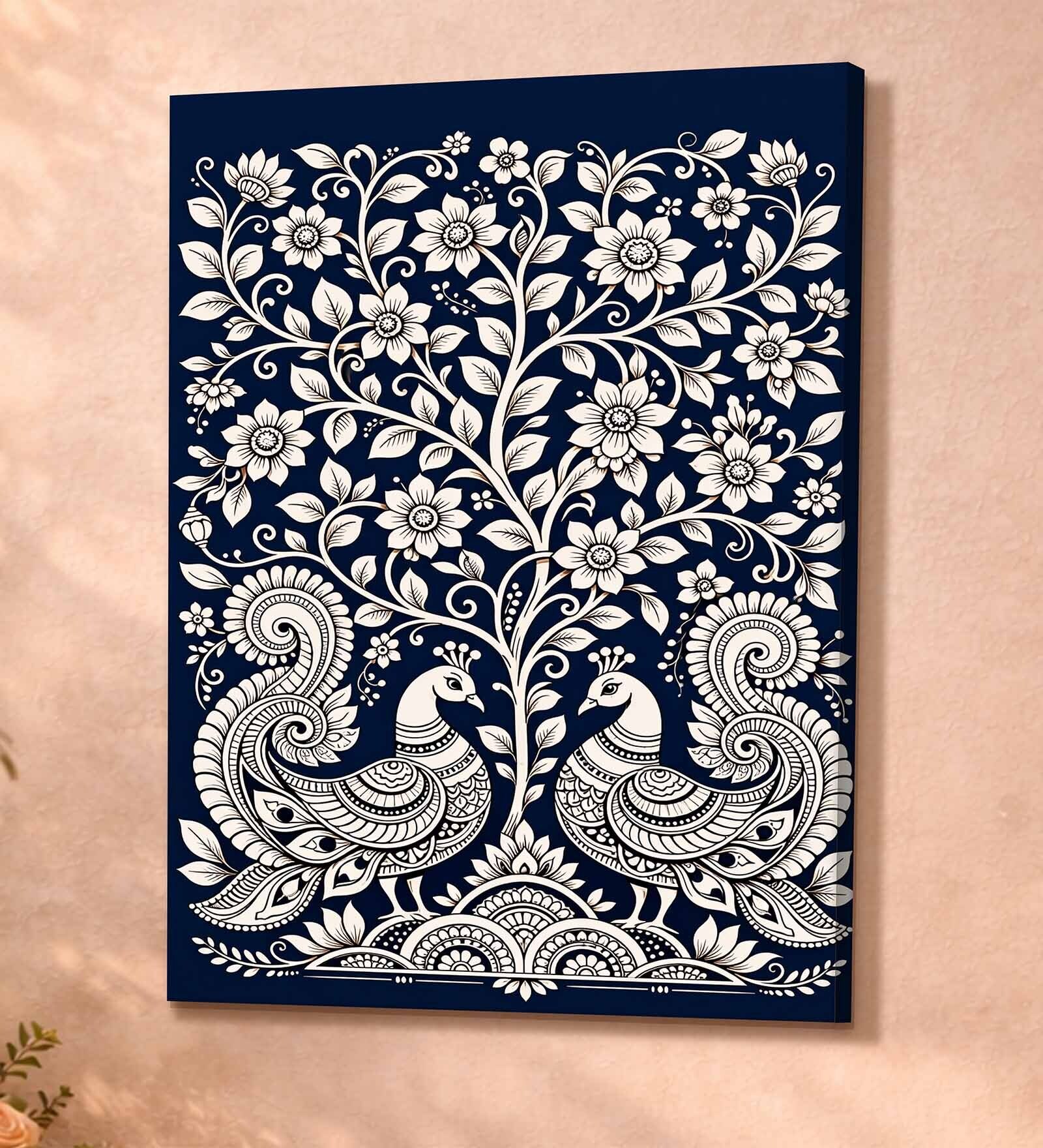 Kalamkari Peacock Stretched Canvas Painting