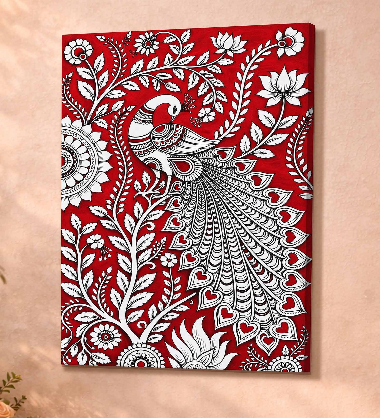 Kalamkari Peacock Stretched Canvas Painting