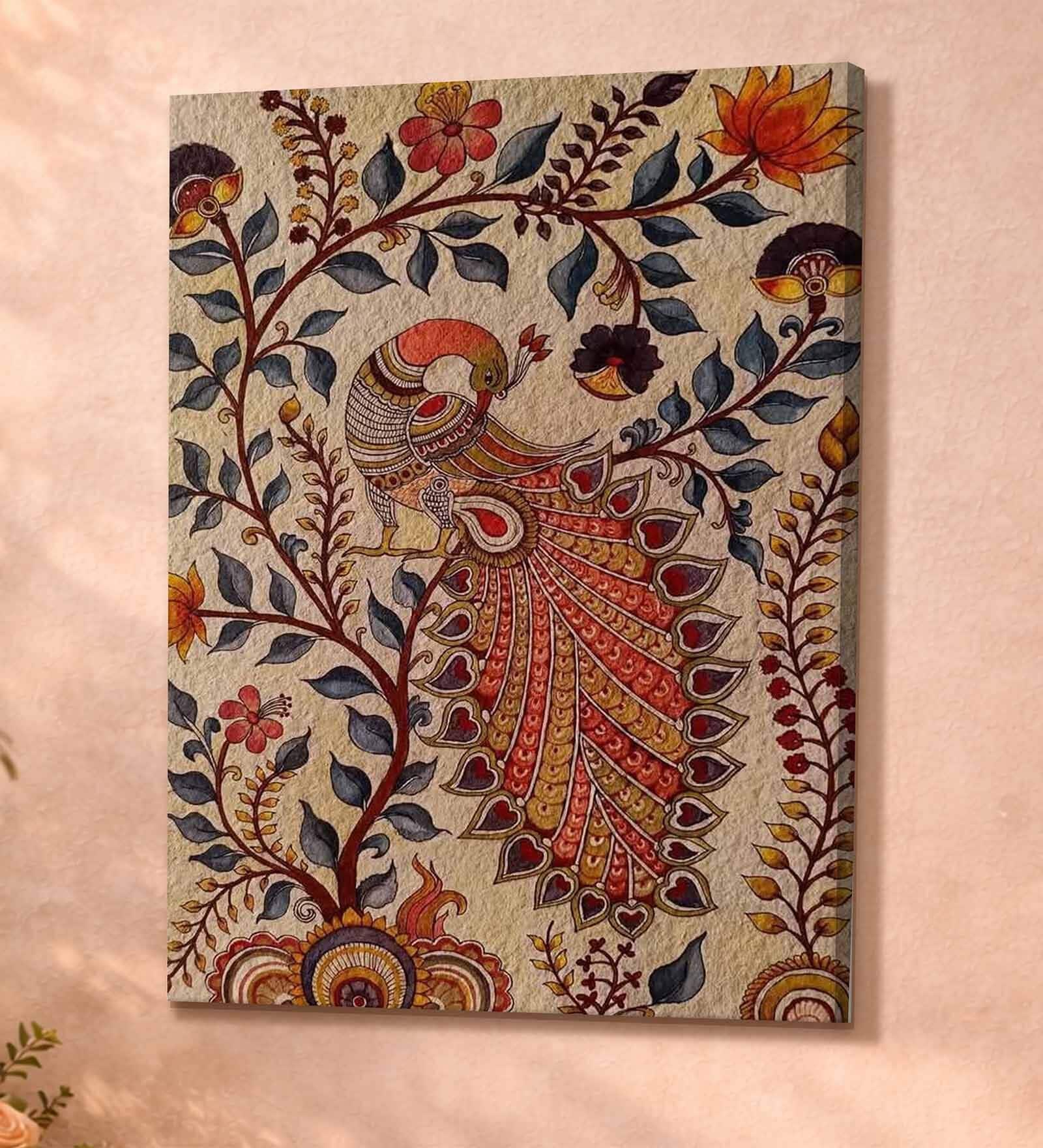 Kalamkari Peacock Tree Stretched Canvas Painting