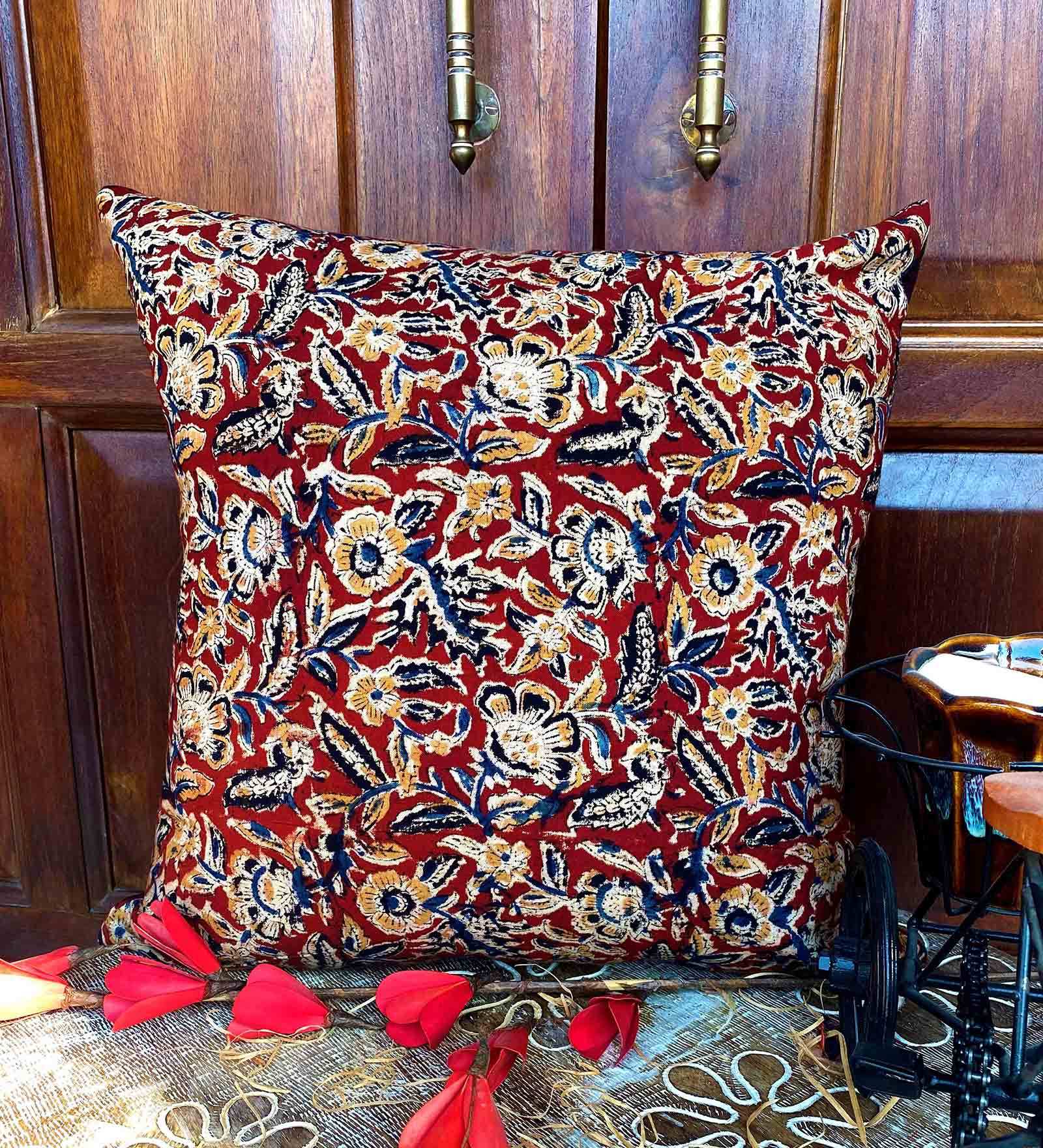 Red Traditional Cotton 16 x 16 Inches Cushion Cover
