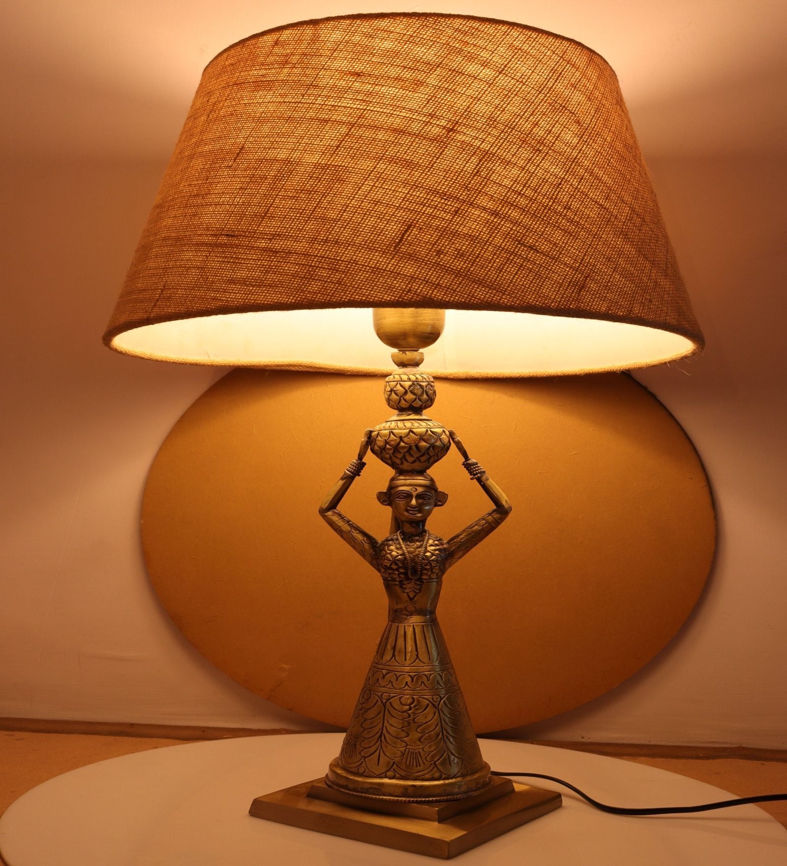 Kalash Brass Table Lamp with Jute Pattern Fabric Shade