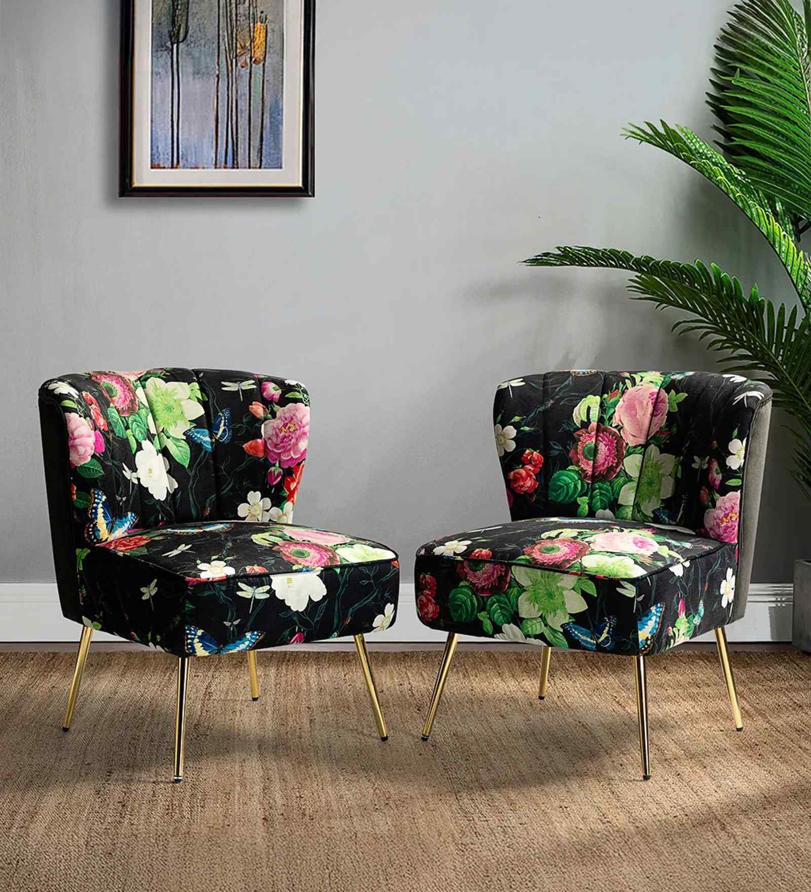 Kalian Velvet Fabric Slipper Chair In Black Multicolour (Set of 2)