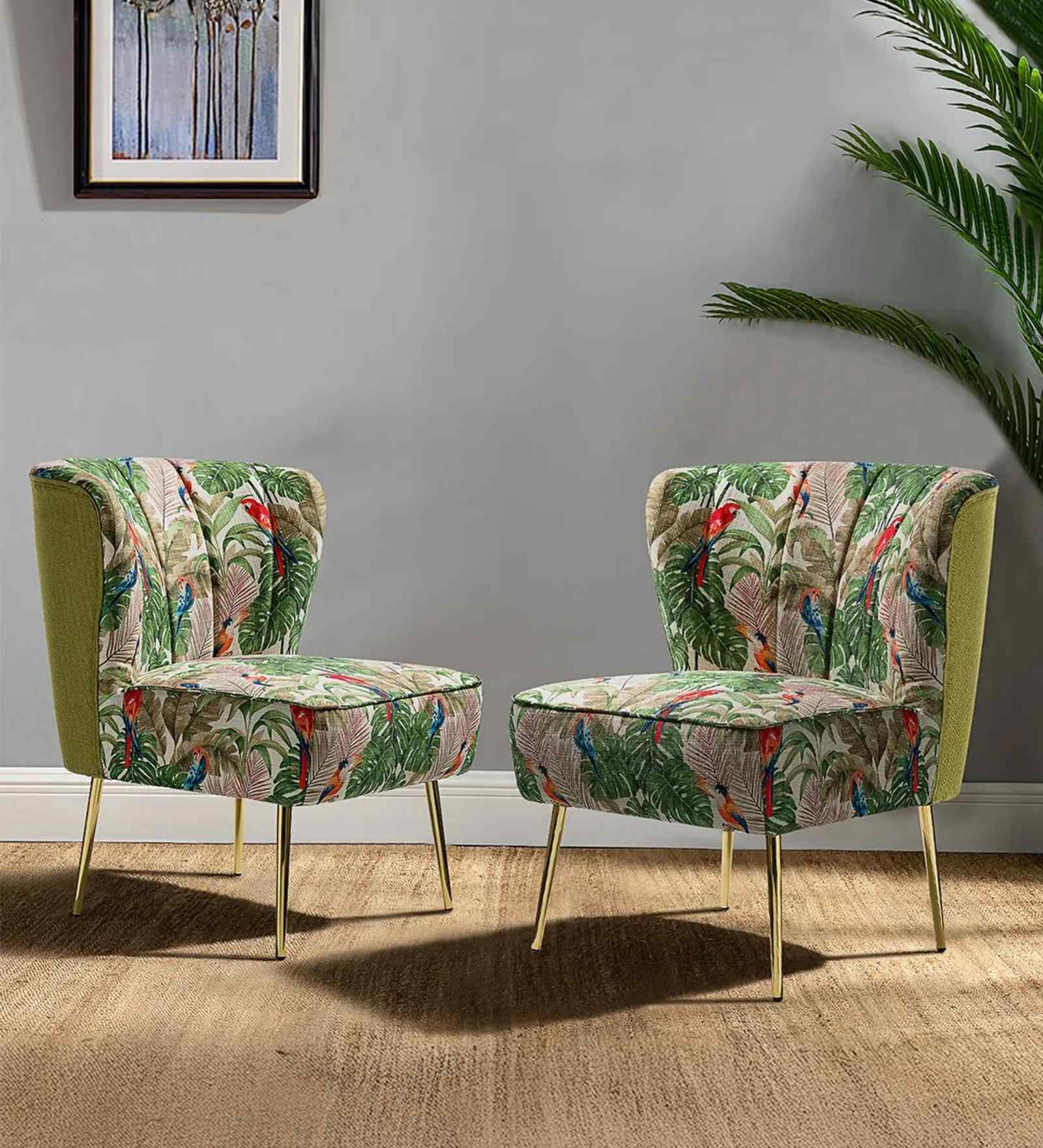 Kalian Velvet Fabric Slipper Chair In Green Multicolour (Set of 2)