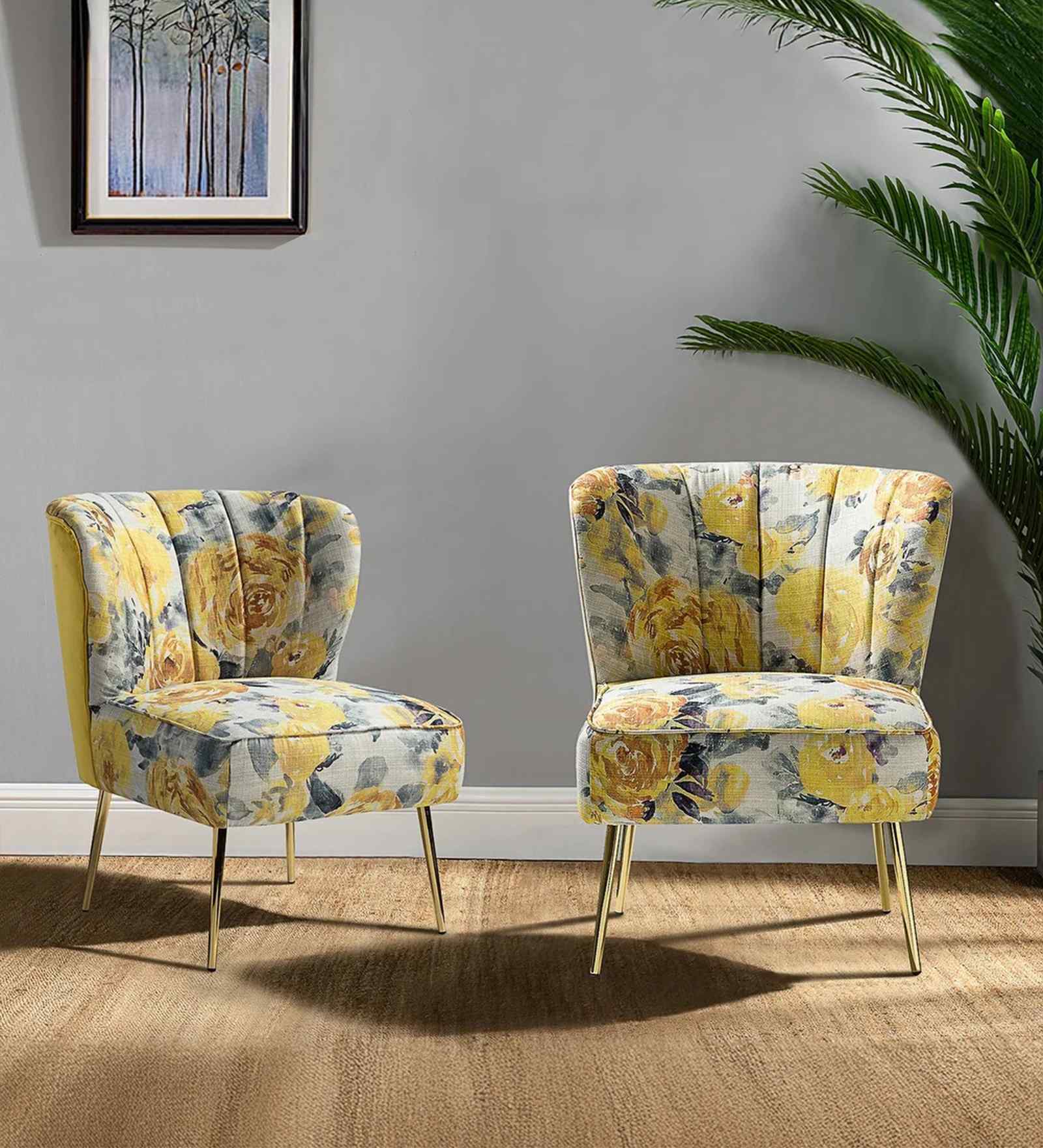 Kalian Velvet Fabric Slipper Chair In Yellow Multicolour (Set of 2)