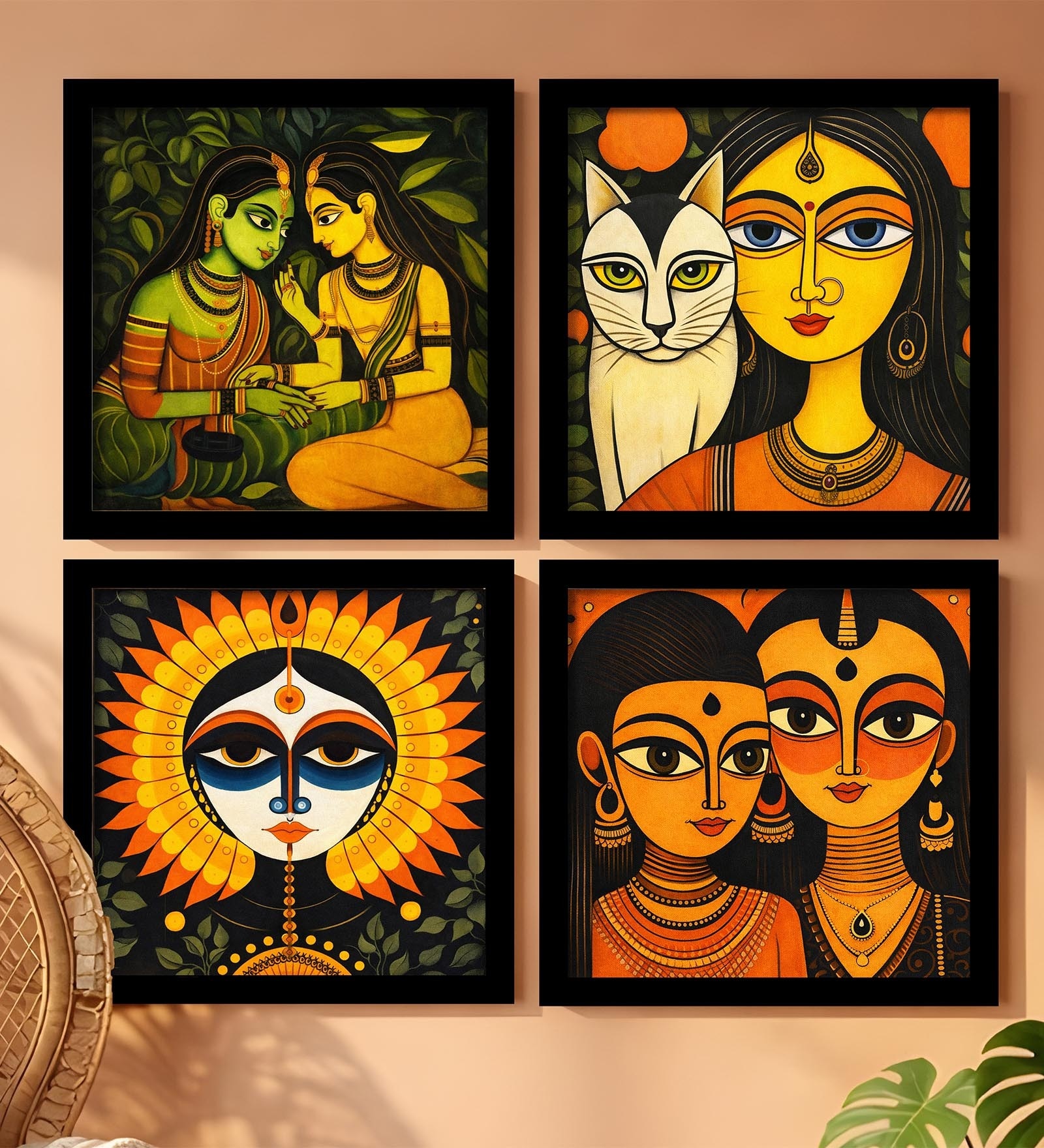 Kalighat Folk Myth Set of 4 Framed Posters