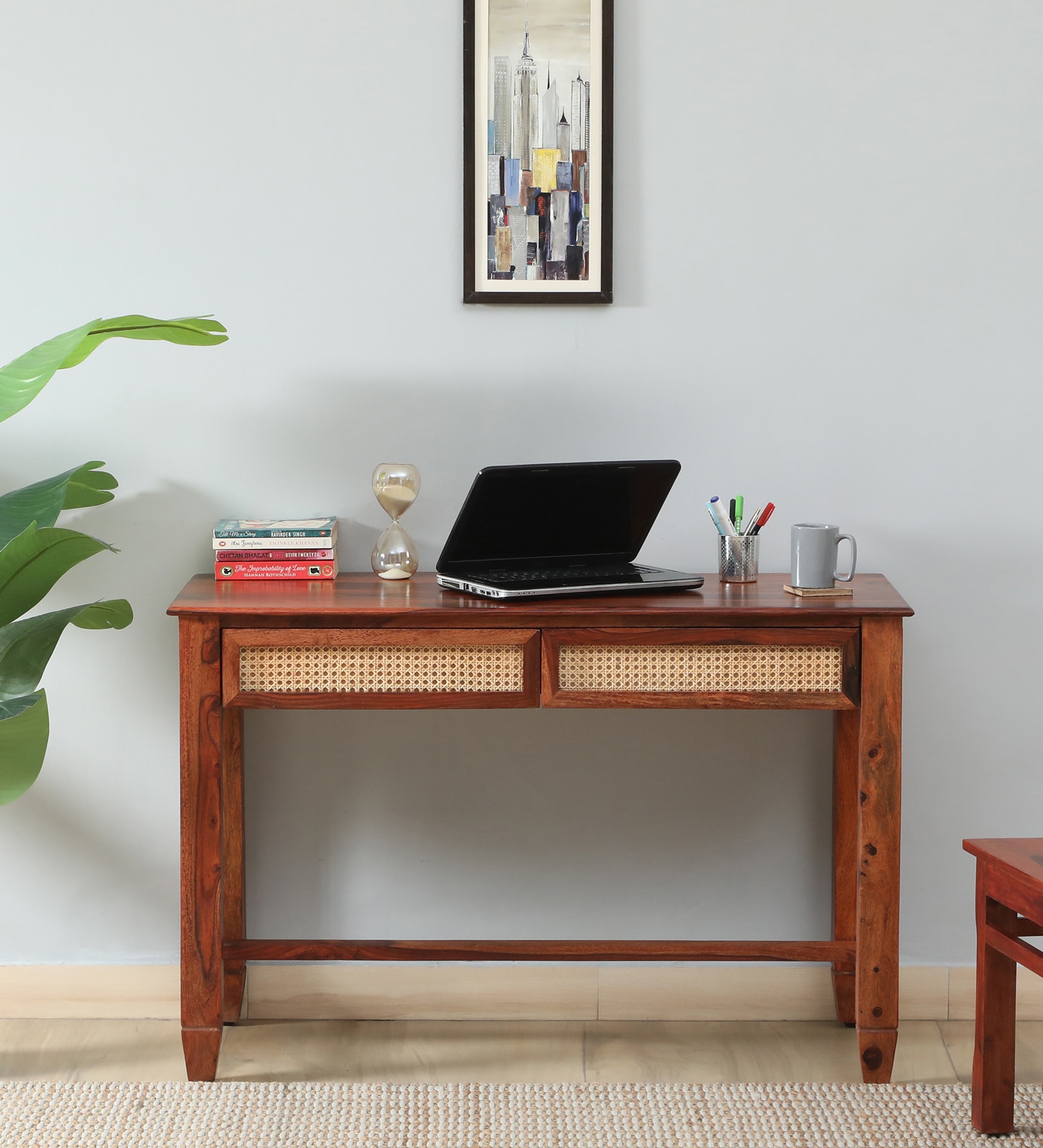 Kalki Sheesham Wood Writing Table In  Honey Oak & Natural Cane Finish