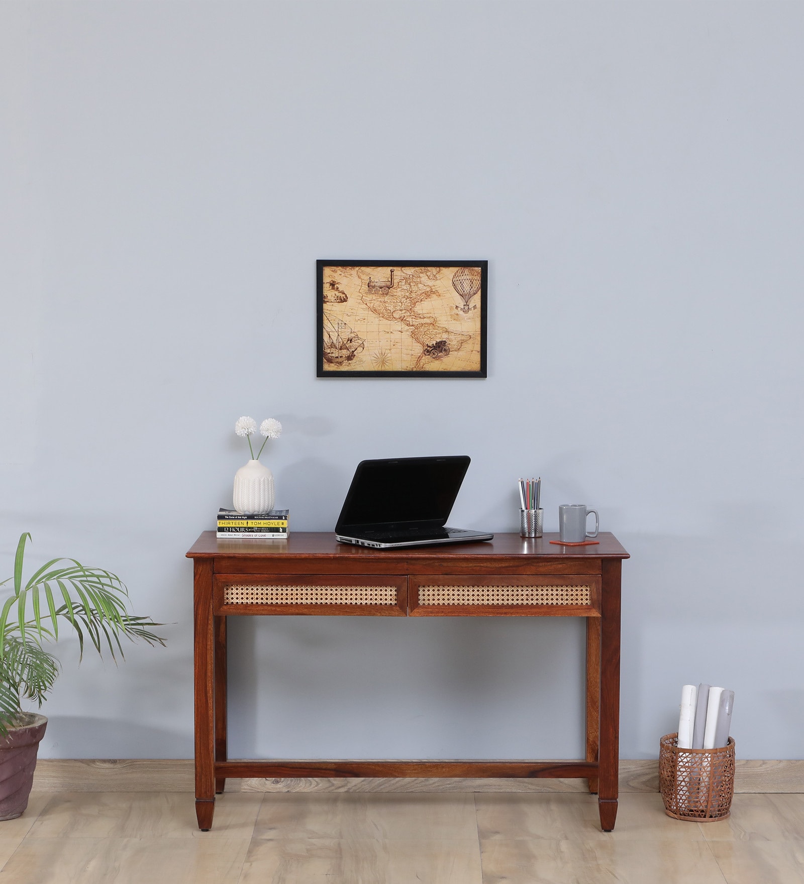 Kalki Sheesham Wood Writing Table In Scratch Resistant Honey Oak & Natural Cane Finish