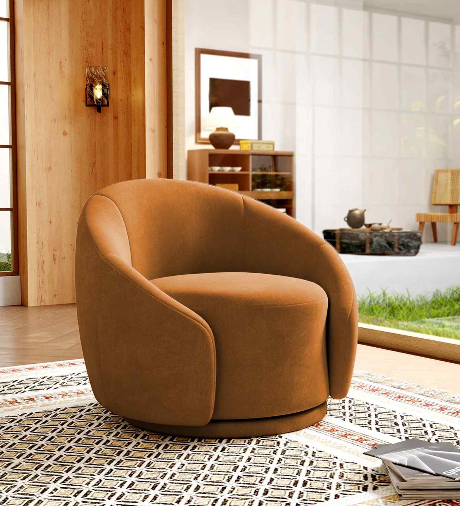 Kama Velvet Fabric Barrel Chair In Brown Colour
