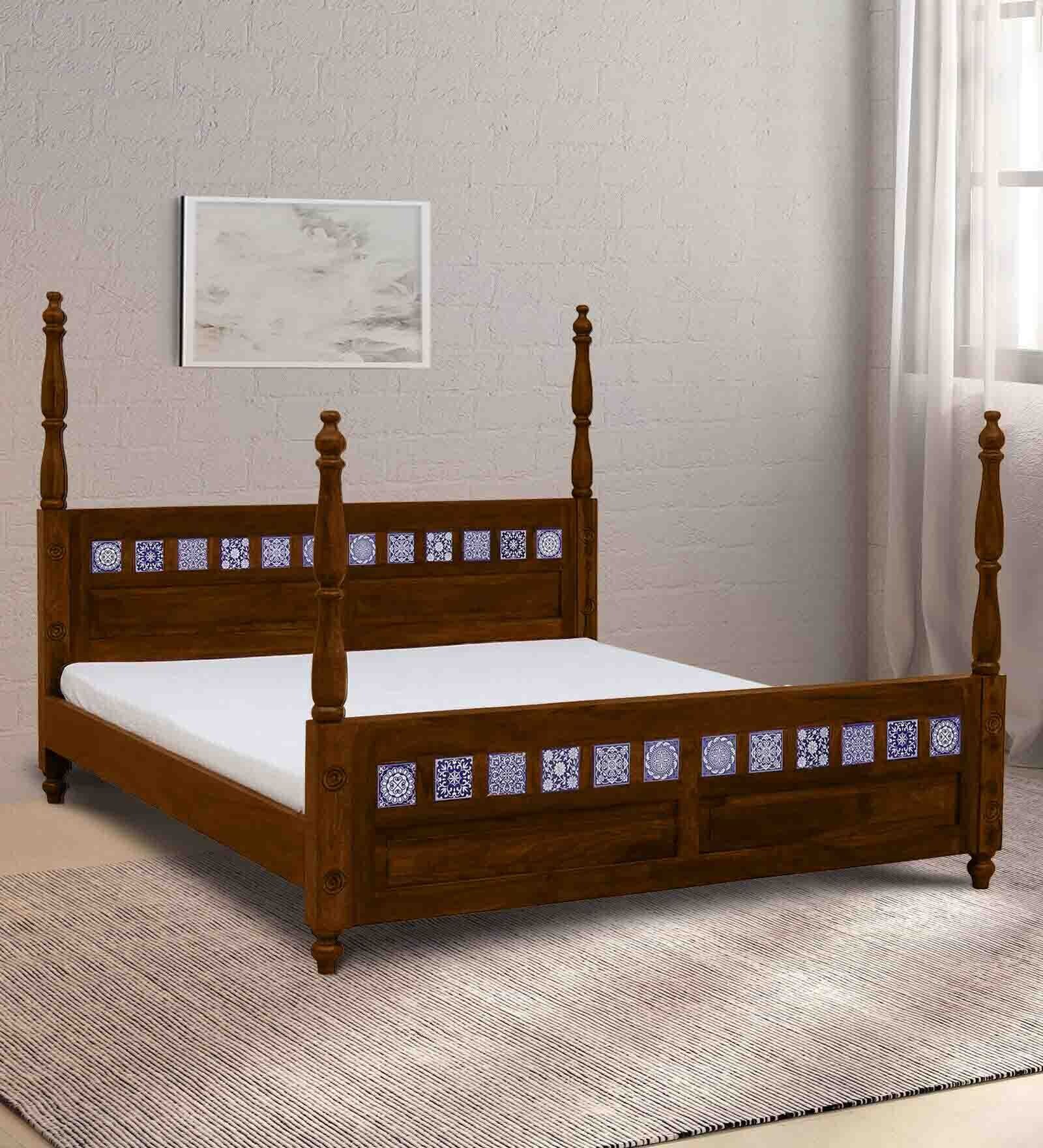 Kamchini Sheesham Wood King Size Poster Bed in Scratch Resistant Provincial Teak Finish