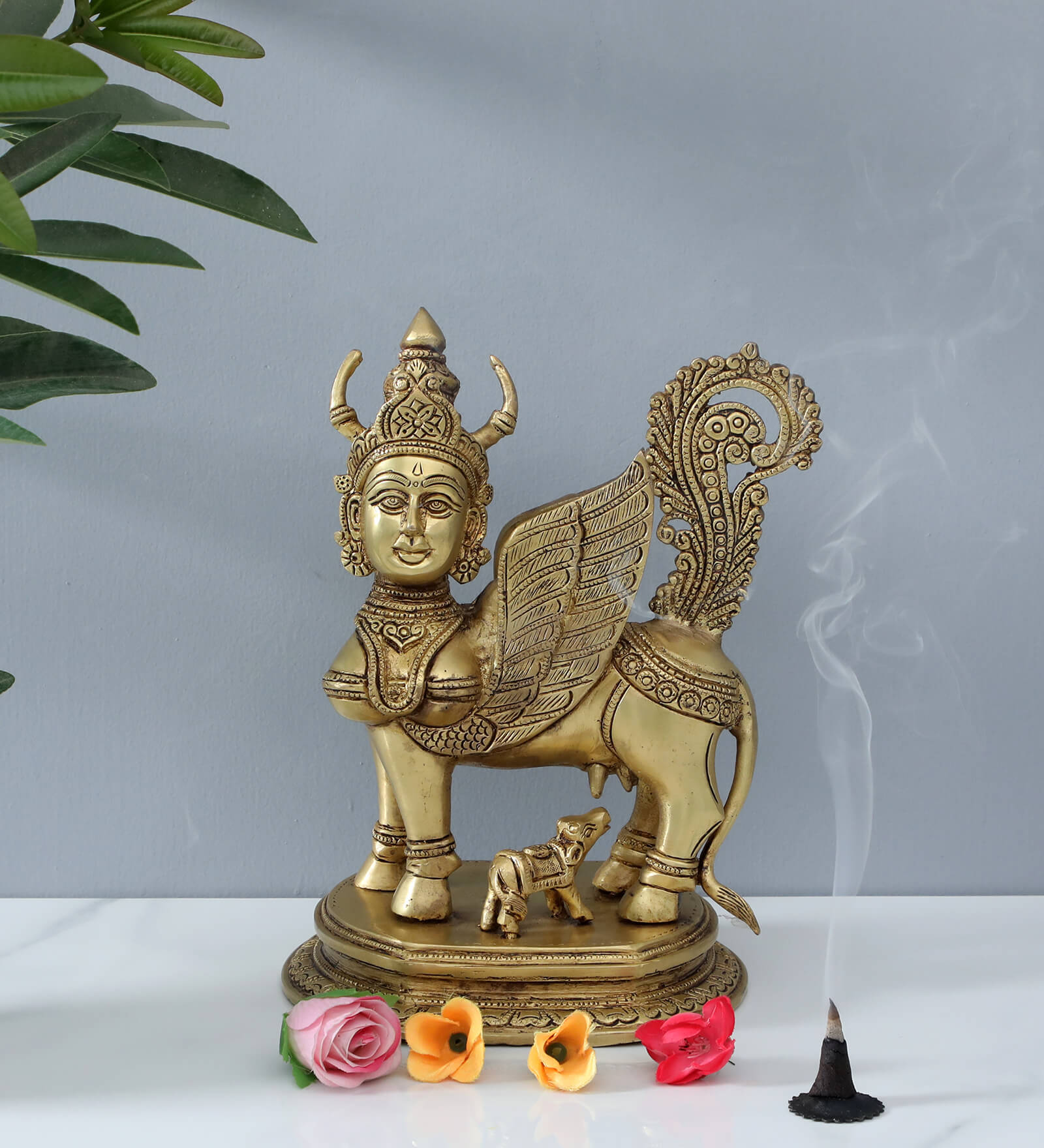 Kamdhenu Cow with Calf Gold Brass Idols