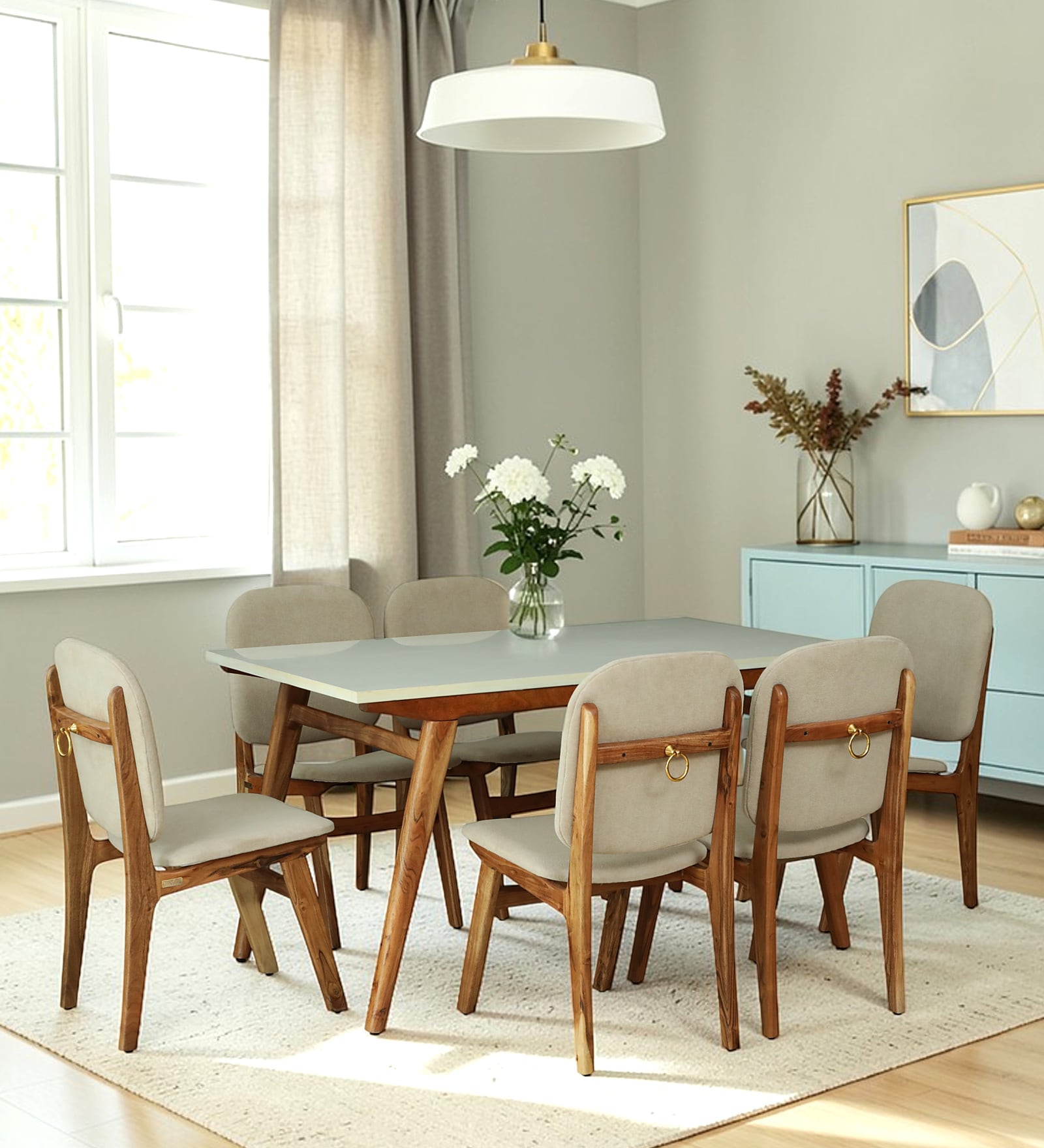 Kampen Acacia Wood 6 Seater Dining Set With White Rockland Quartz Top In Natural Finish