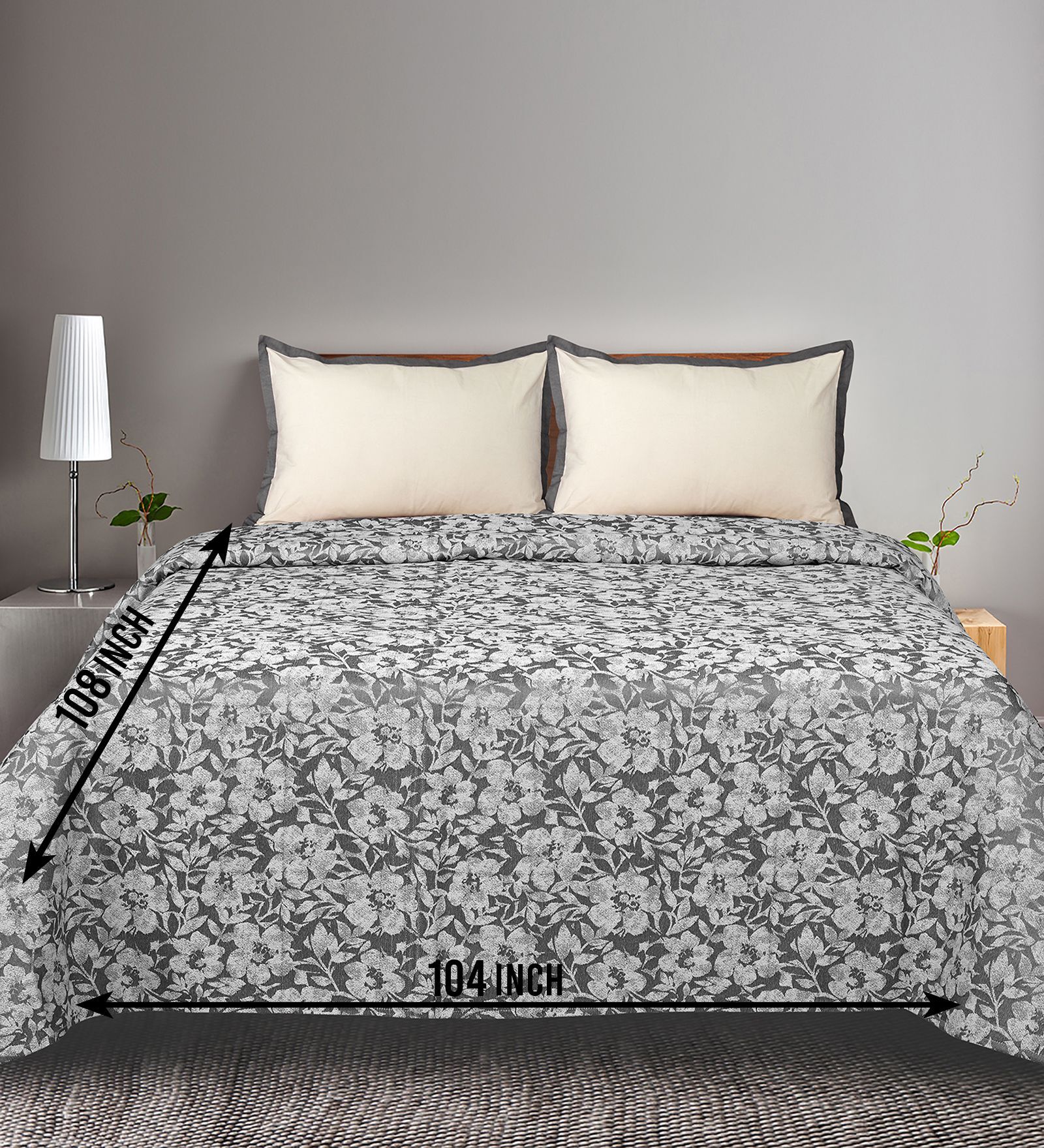 Grey Kanan Cotton Floral Breathable & Queen Size Bedsheet With 2 Pillow Covers