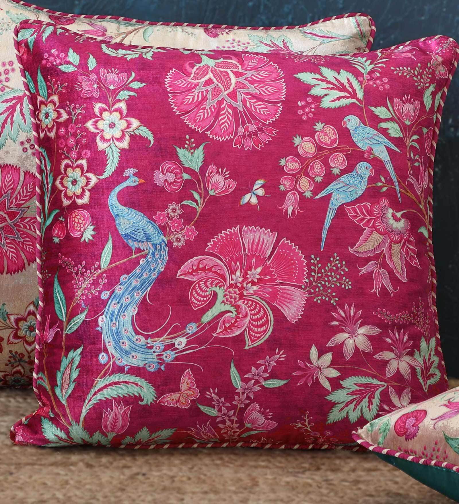 Buy Pink Floral Velvet 18 x 18 Inches Cushion Cover by Kainaat Design Online Nature Print