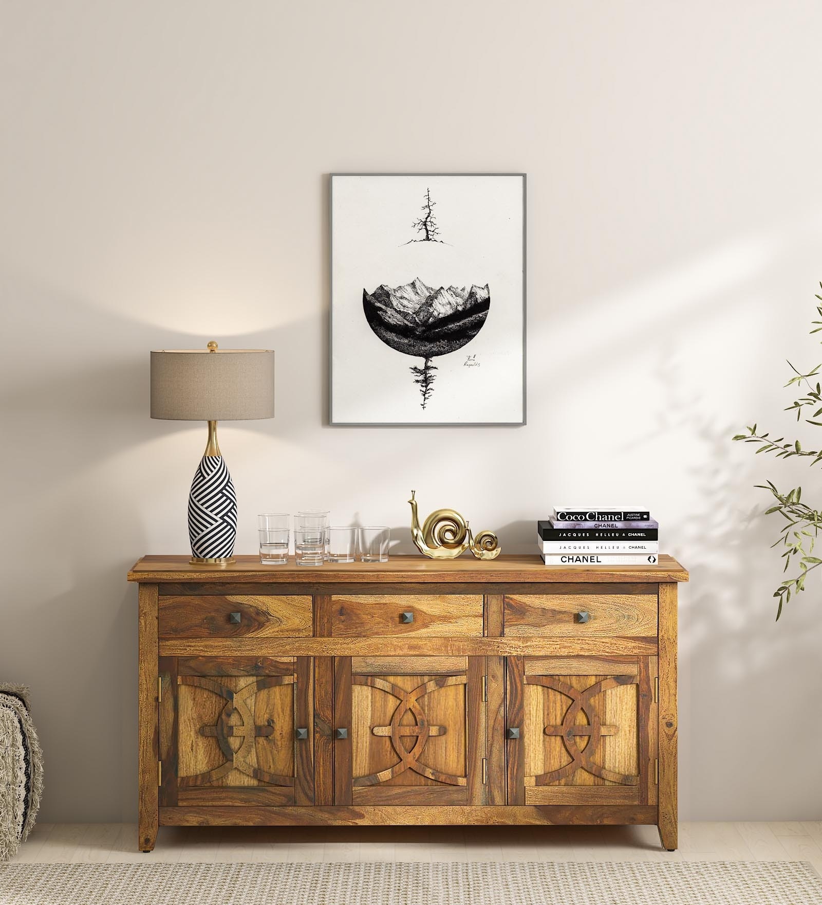 Karl Sheesham Wood Sideboard In Scratch Resistant Rustic Teak Finish