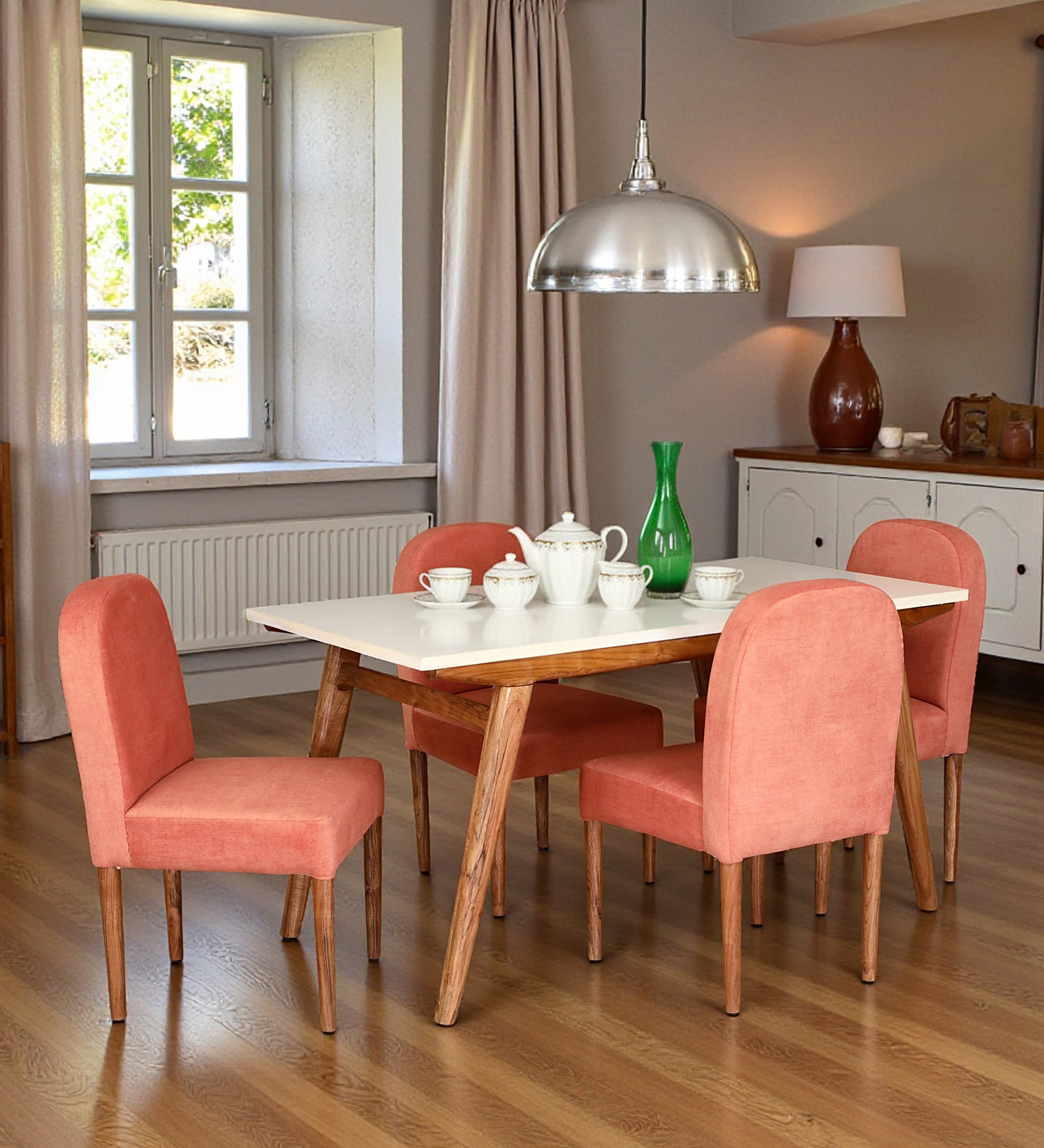 Kastav Acacia Wood 4 Seater Dining Set With White Rockland Quartz Top In Natural Finish