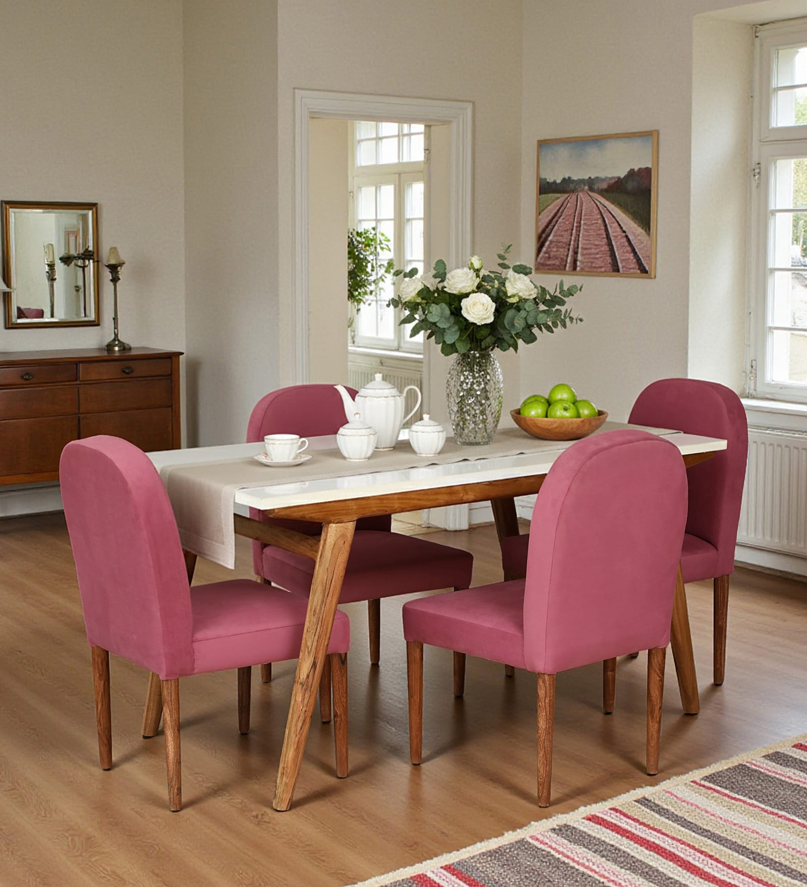 Kastav Acacia Wood 4 Seater Dining Set With White Rockland Quartz Top In Natural Finish