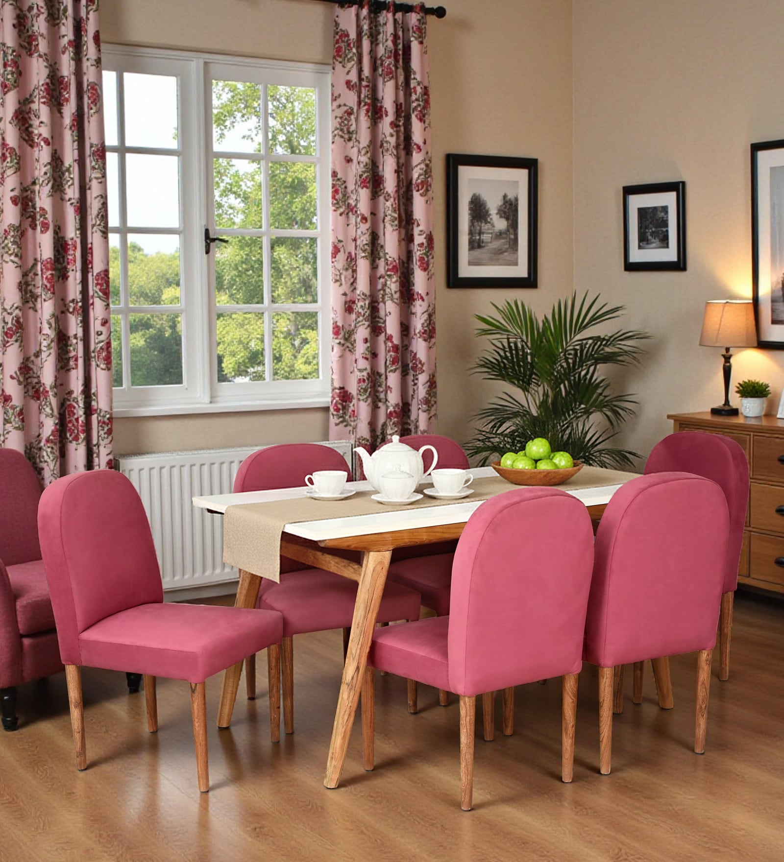 Kastav Acacia Wood 6 Seater Dining Set With White Rockland Quartz Top In Natural Finish