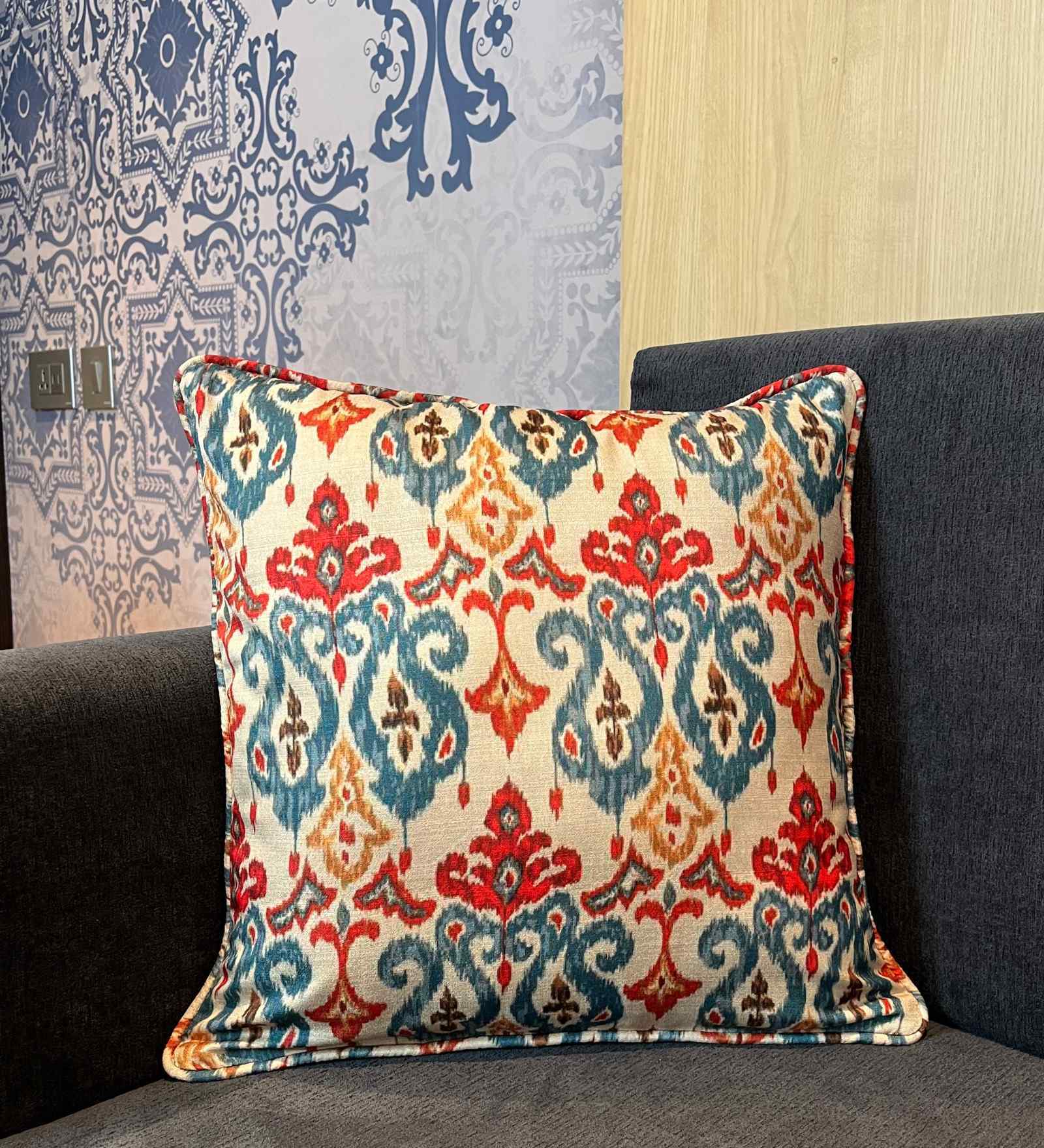 Kasuri Teal Silk Blend Ikat Printed 16 x 16 Inches Cushion Cover