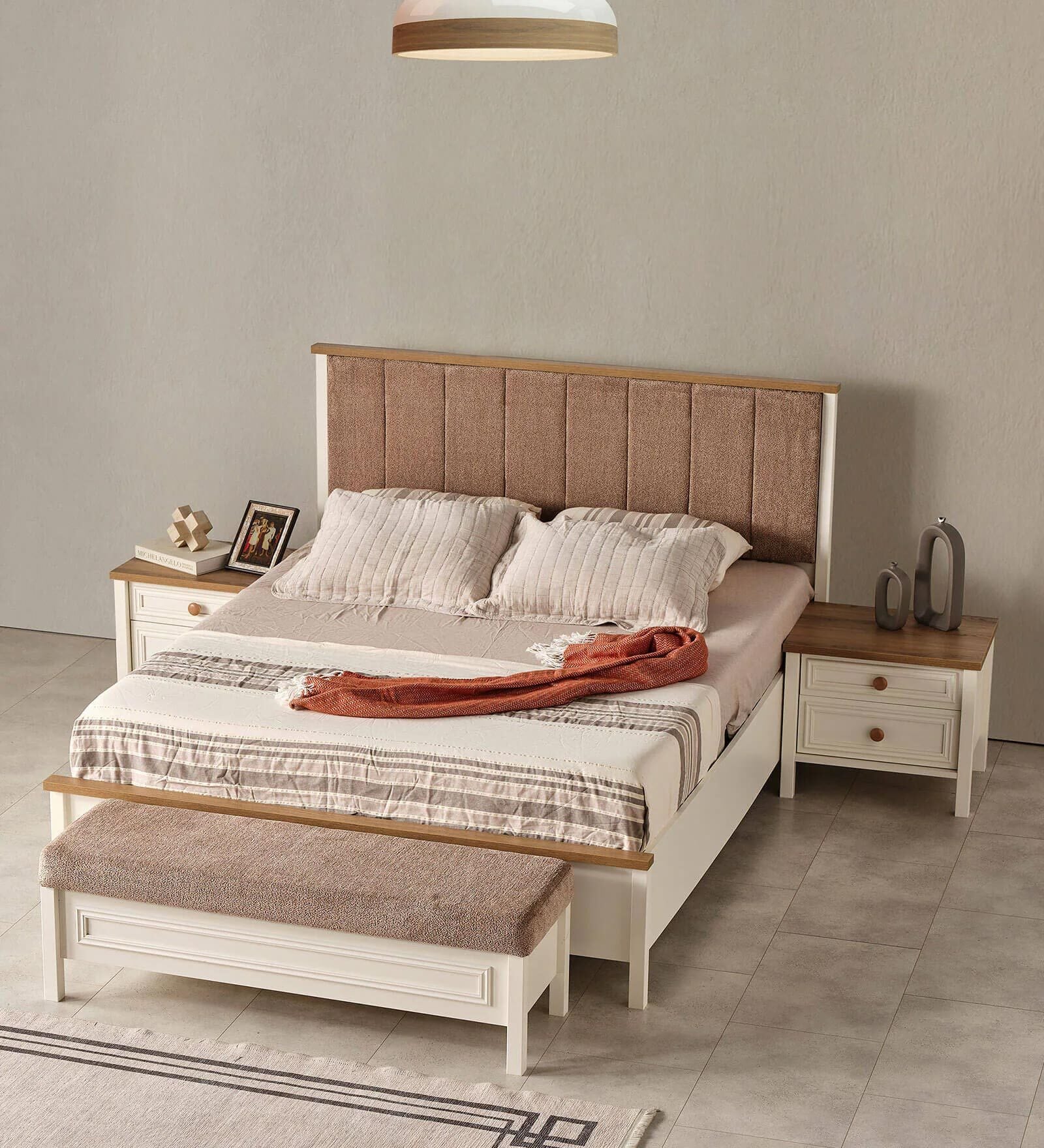 Katre King Size Bed  In Cream Colour With Night Stand