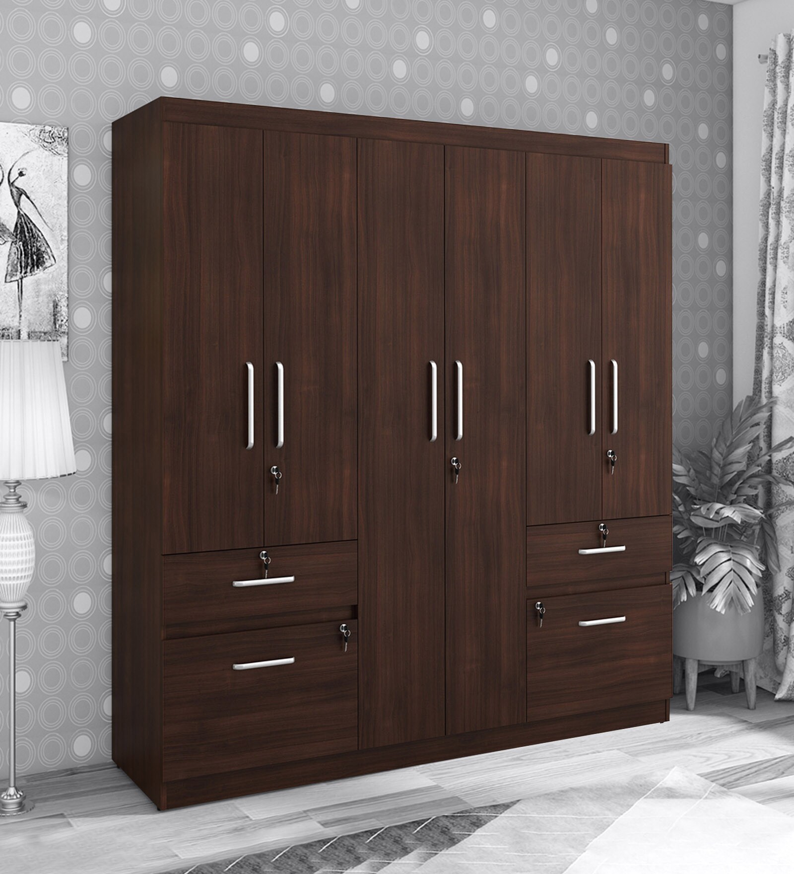 Buy Katsu 6 Door Wardrobe with 2 Drawers in Walnut Rigato Colour