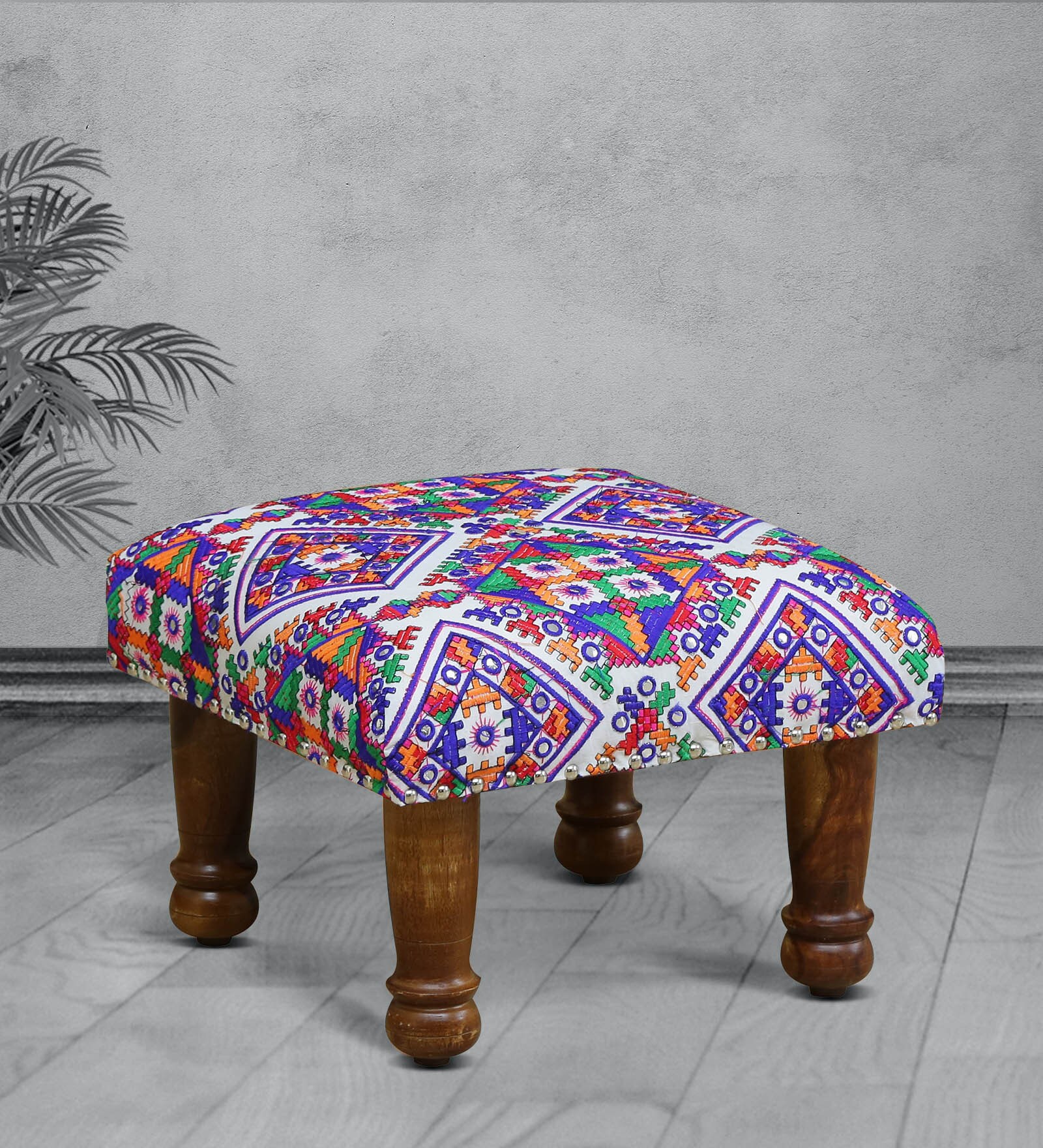 Kavana Fabric Foot Stool in Provincial Teak Finish