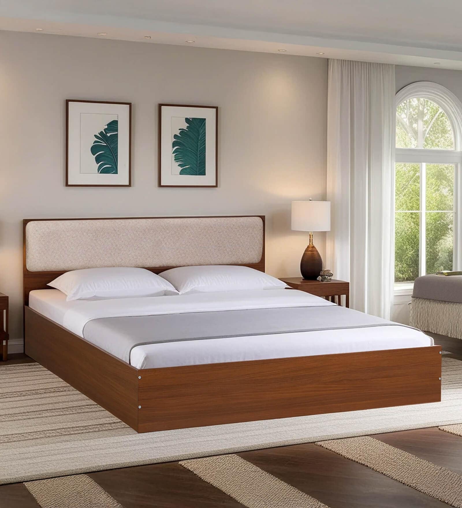 Kawasaki Queen Size Bed In Planked Walnut Finish With Box Storage & Upholstered Headboard Kawasaki Queen Size Bed In Planked Walnut Finish With Box Storage & Upholstered Headboard