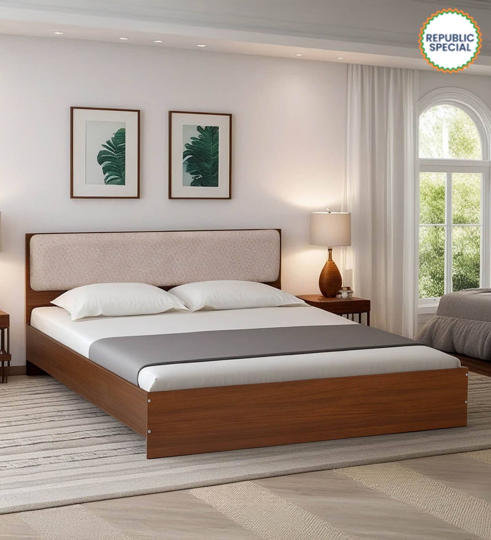 Kawasaki Queen size Bed in Planked Walnut Finish with Upholstered Headboard Kawasaki Queen size Bed in Planked Walnut Finish with Upholstered Headboard