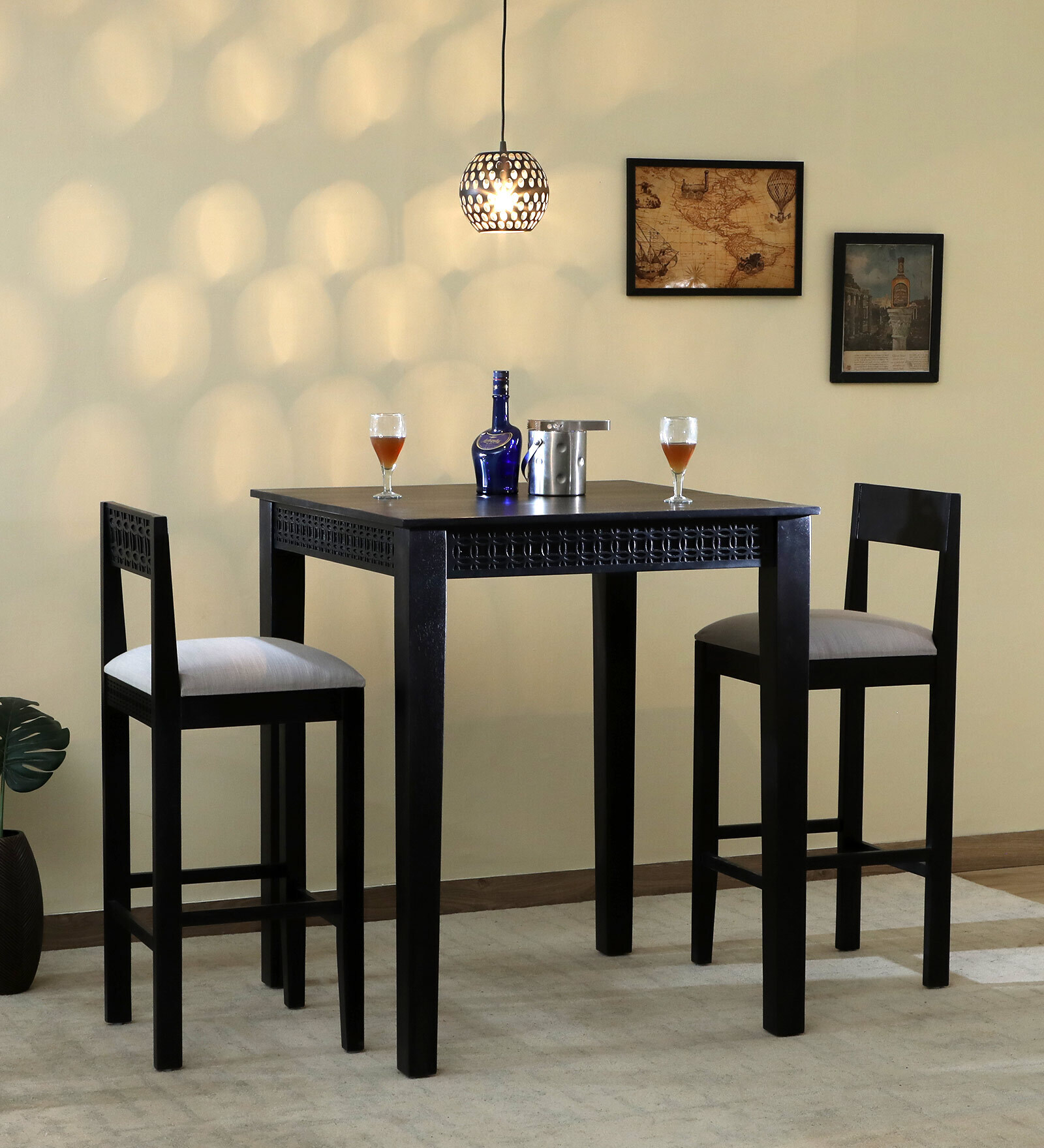Kawung Solid Wood Bar Table Set in Scratch Resistant Ebony Finish With 2 Chairs