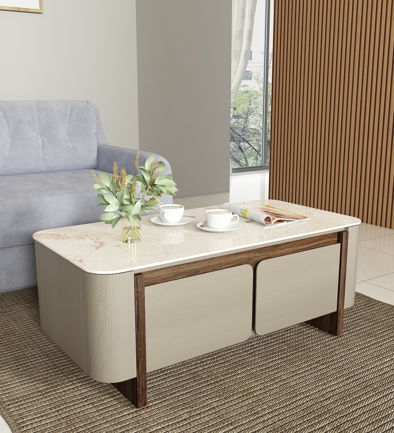 Kaya Ceramic Top Center Table In Taupe Finish