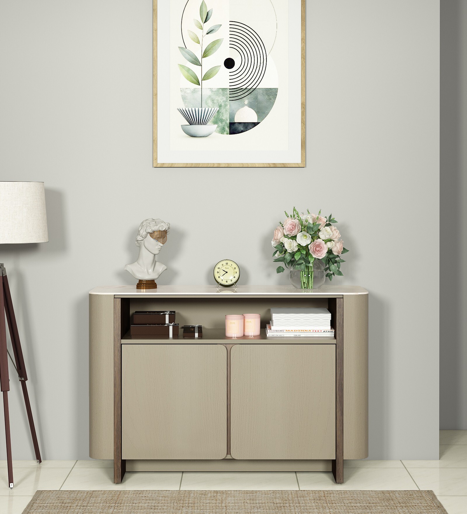 Kaya Ceramic Top Console Unit In Taupe Finish