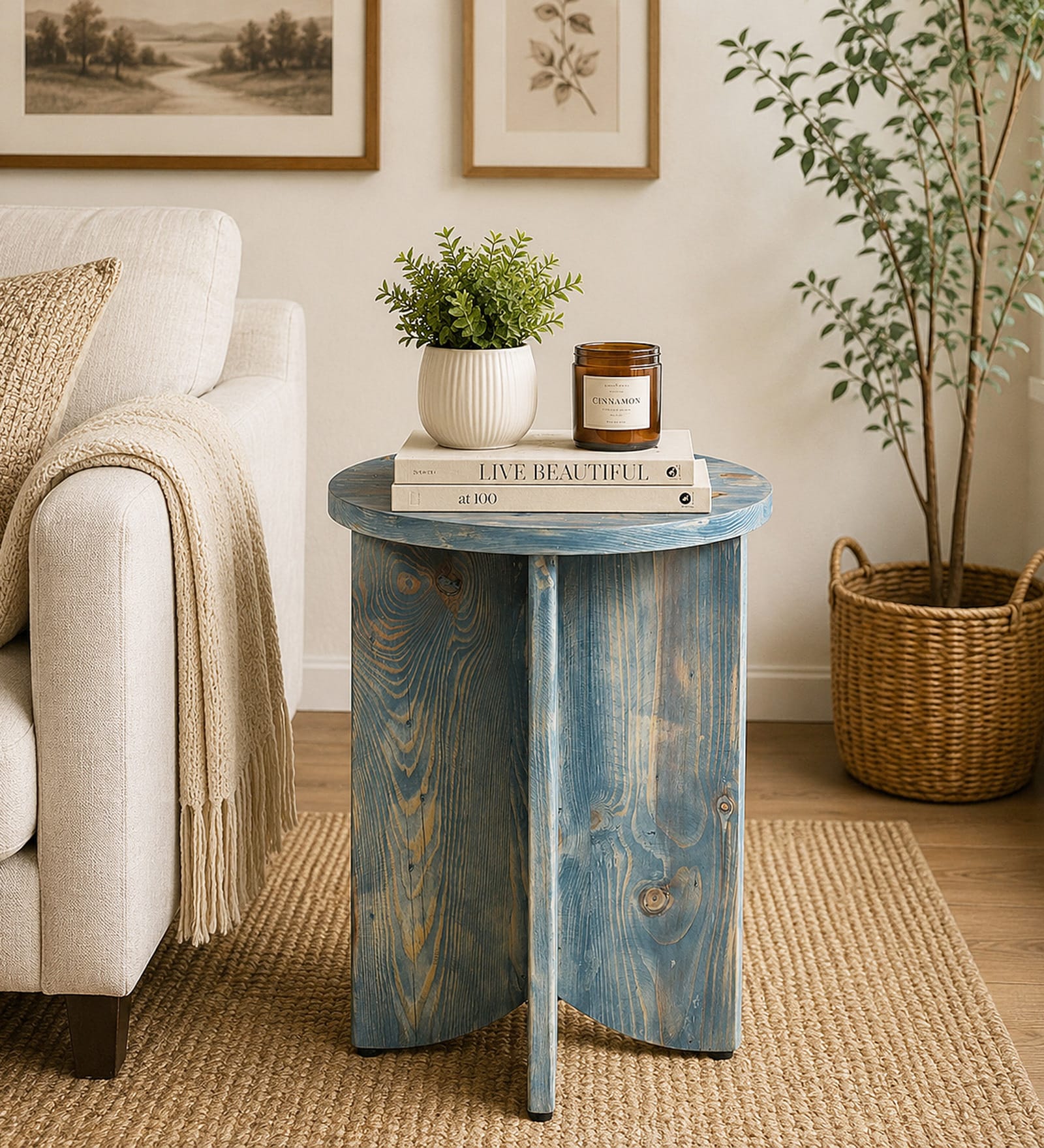 Kazan Pine Wood Side Table In Turquoise Blue Finish