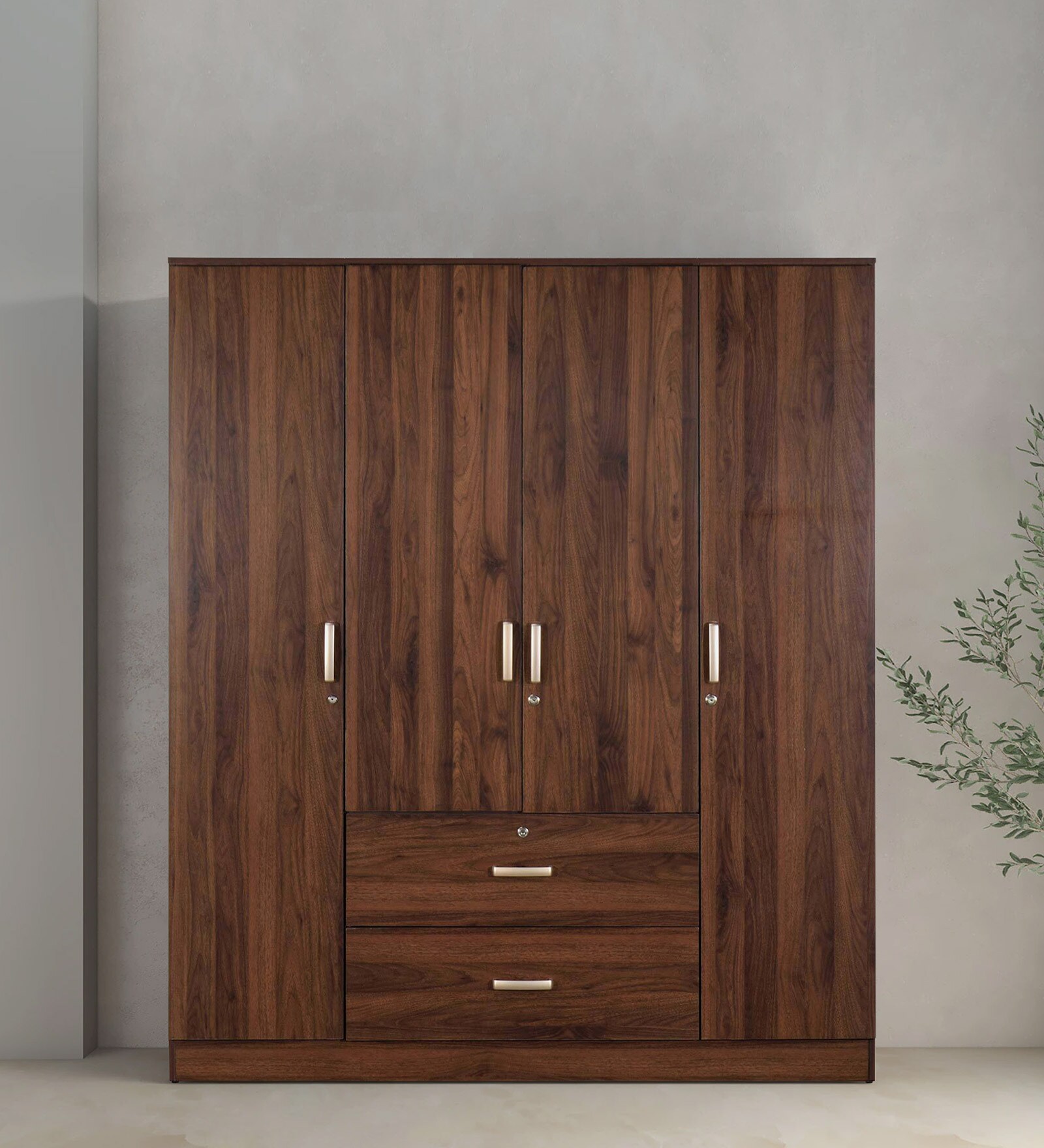 Kazuhiko 4 Door Wardrobe in Columbia Walnut Finish with Lock