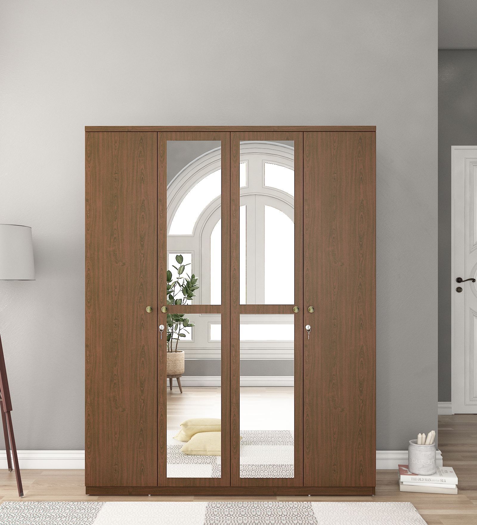 Nesta 4 Door Wardrobe With Mirror In Vermonunt Finish With Locker & Drawer Nesta 4 Door Wardrobe With Mirror In Vermonunt Finish With Locker & Drawer