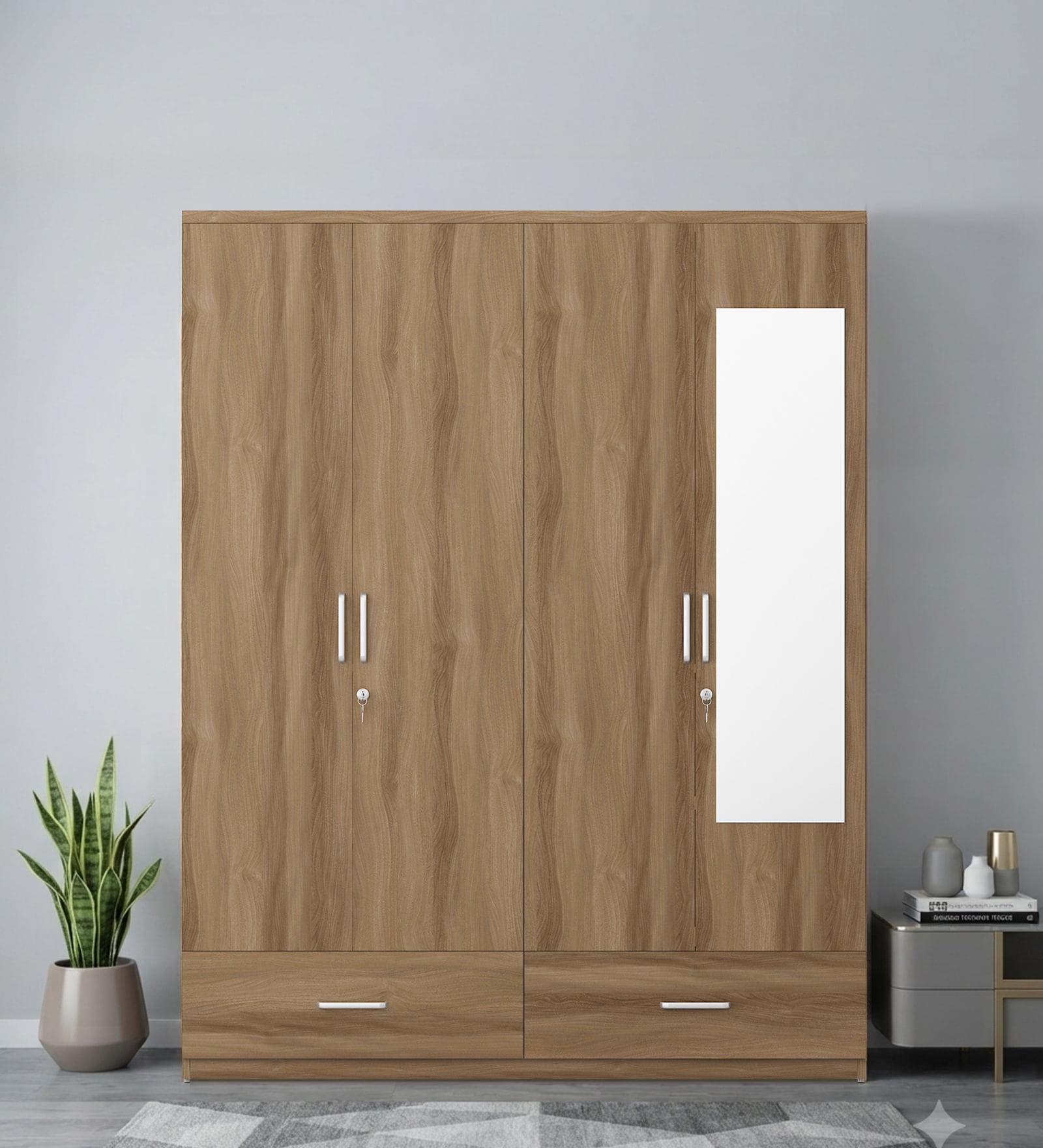 Vector 4 Door Wardrobe With Mirror In Walnut Bronze Finish With Locker & Drawer