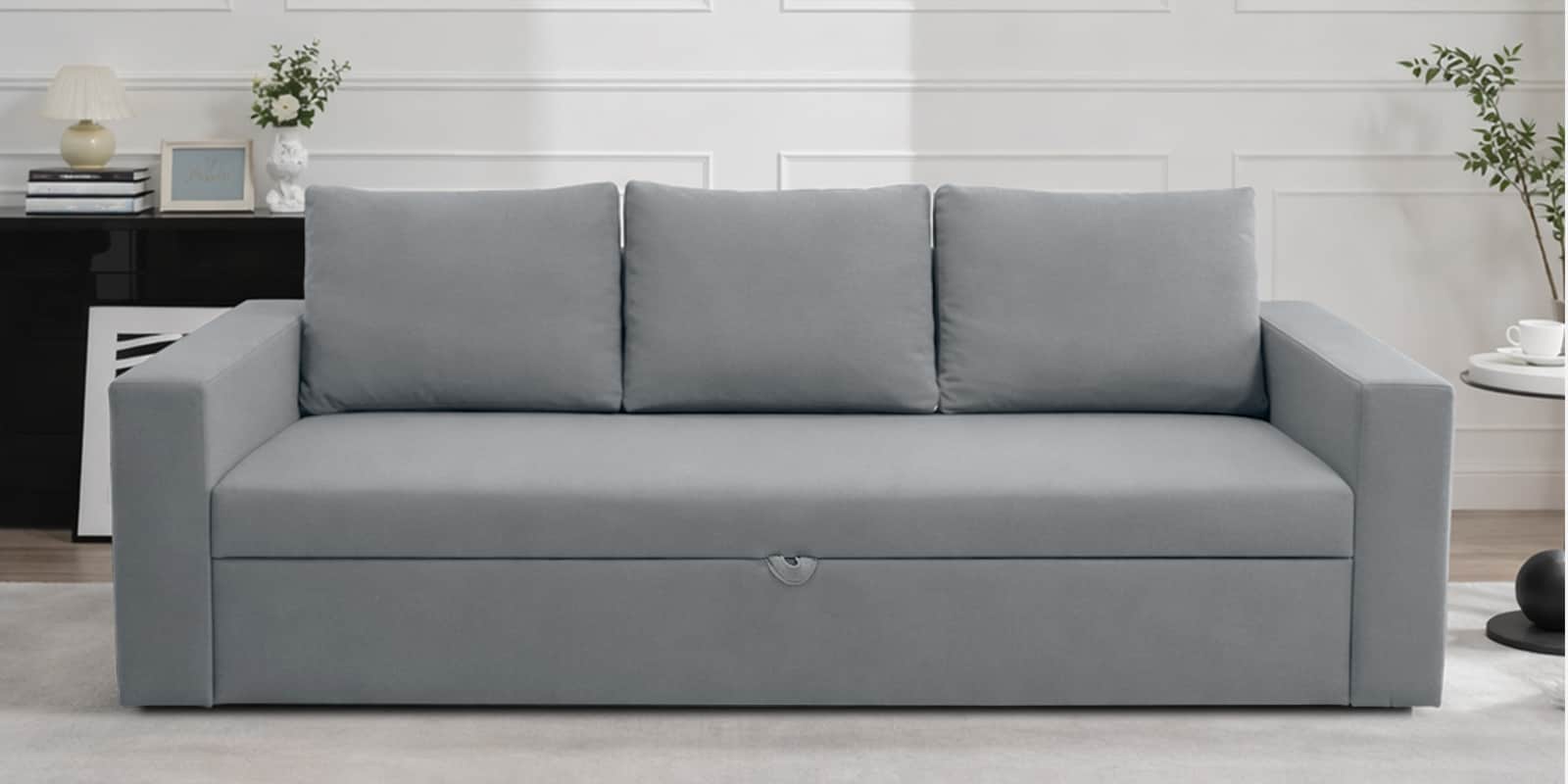 Zenari Fabric 3 Seater Pull Out Sofa Cum Bed In Ash Grey Colour