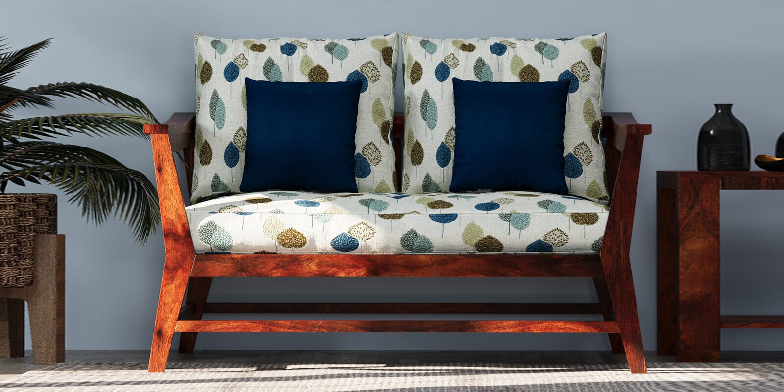 Kaveri 2 Seater Sofa In Natual & Blue Colour