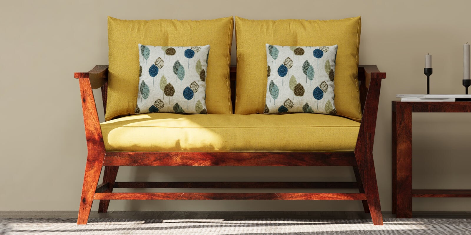 Kaveri 2 Seater Sofa In Natual & Yellow Colour