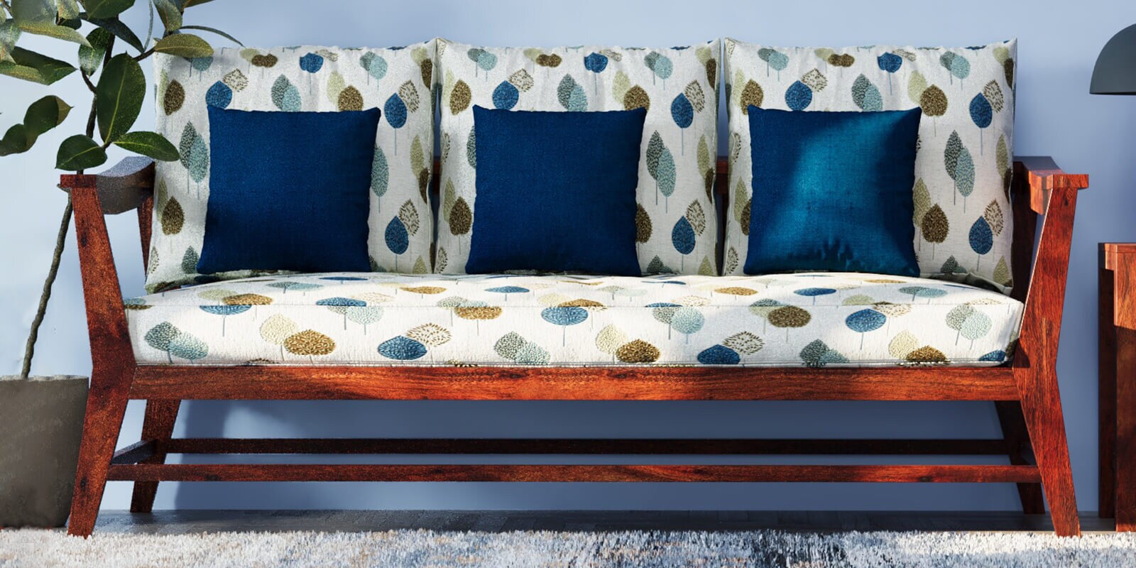 Kaveri 3 Seater Sofa In Natual & Blue Colour