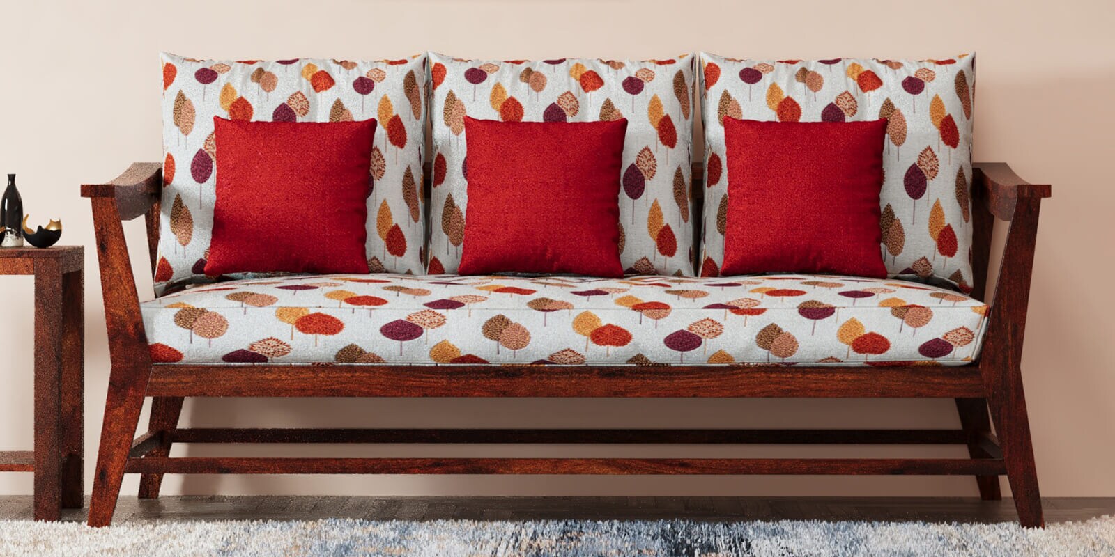 Kaveri 3 Seater Sofa In Natual & Orange Colour