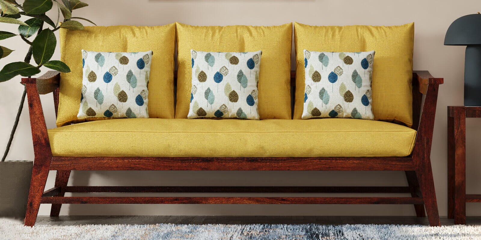 Kaveri 3 Seater Sofa In Natual & Yellow Colour