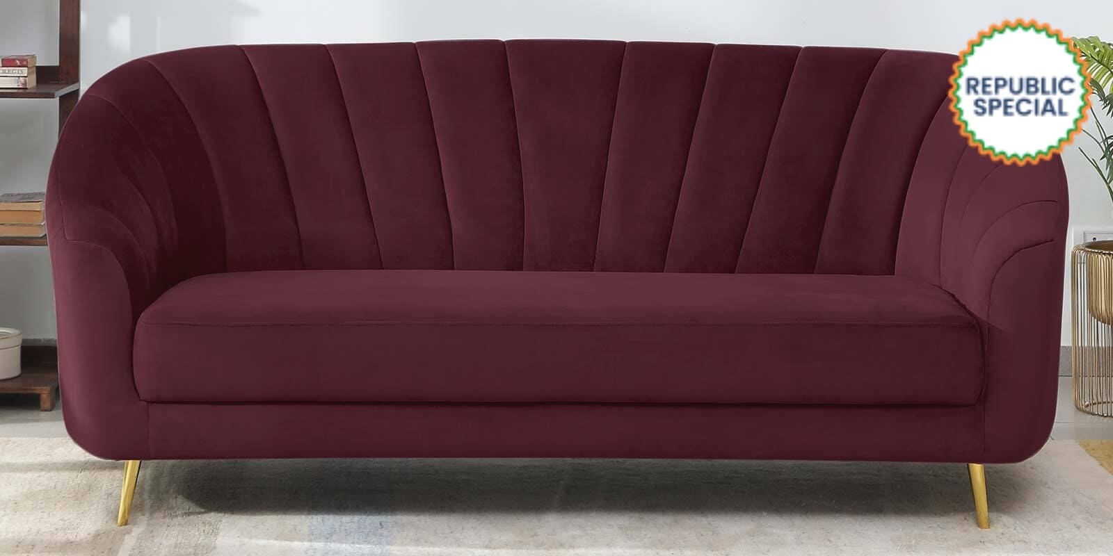 Kaylee Velvet 3 Seater Sofa In Wine Red Colour